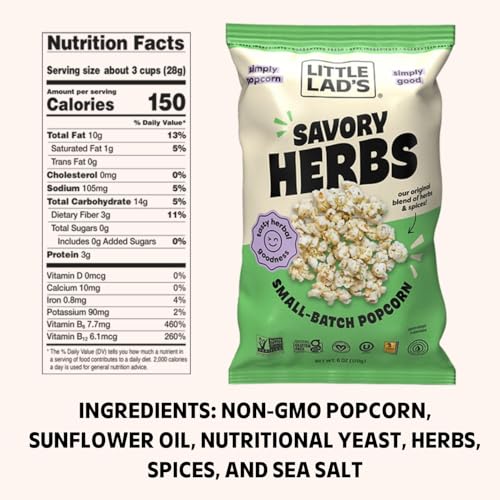 Little Lads Savory Herb Popcorn, Case of 6, 6 Ounce Bags