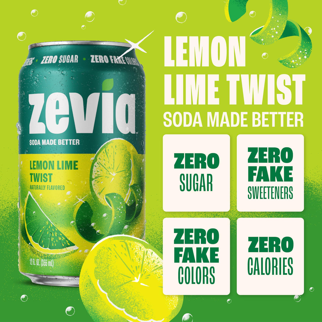 Zevia Lemon Lime Zero Calorie Soda, Case of 4, 6 Pack, 12 Fluid Ounce Cans