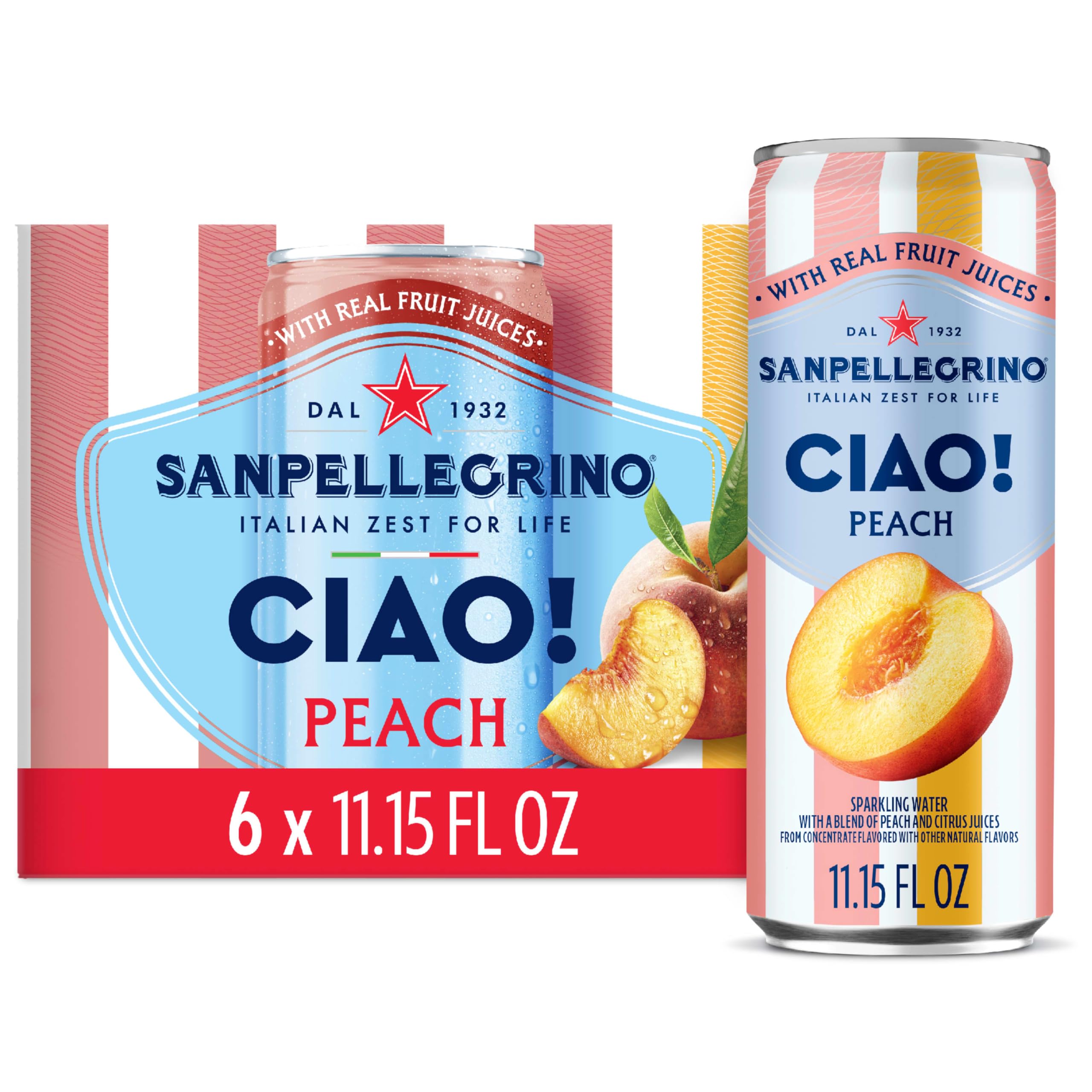 Sanpellegrino Ciao Peach Flavored Sparkling Water, Case of 4, 6-Pack 11.15 Fluid Ounce Cans