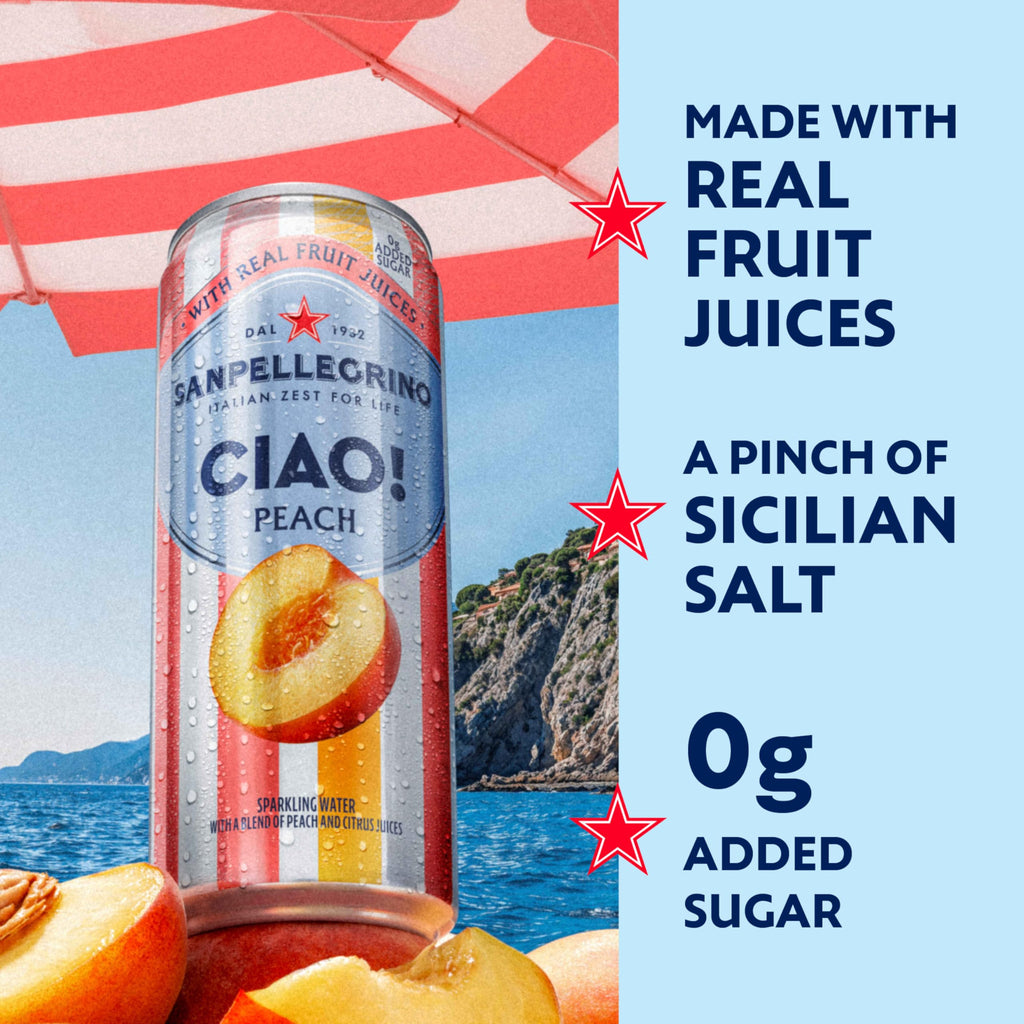 Sanpellegrino Ciao Peach Flavored Sparkling Water, Case of 4, 6-Pack 11.15 Fluid Ounce Cans