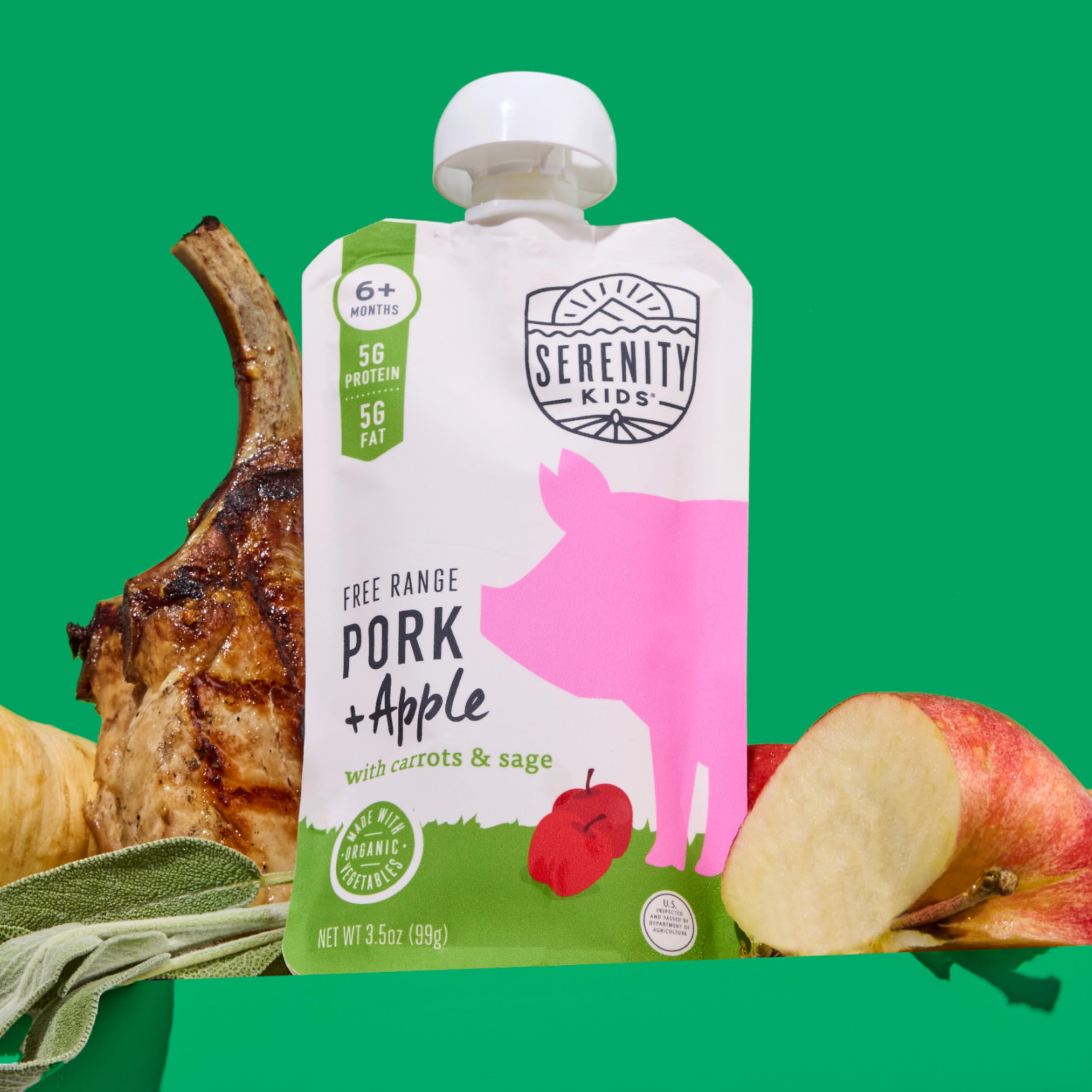 Serenity Kids Stage 2 Baby Food Pouch Free Range Pork and Apple with Organic Carrots and Sage, Case of 6, 3.5 Ounce