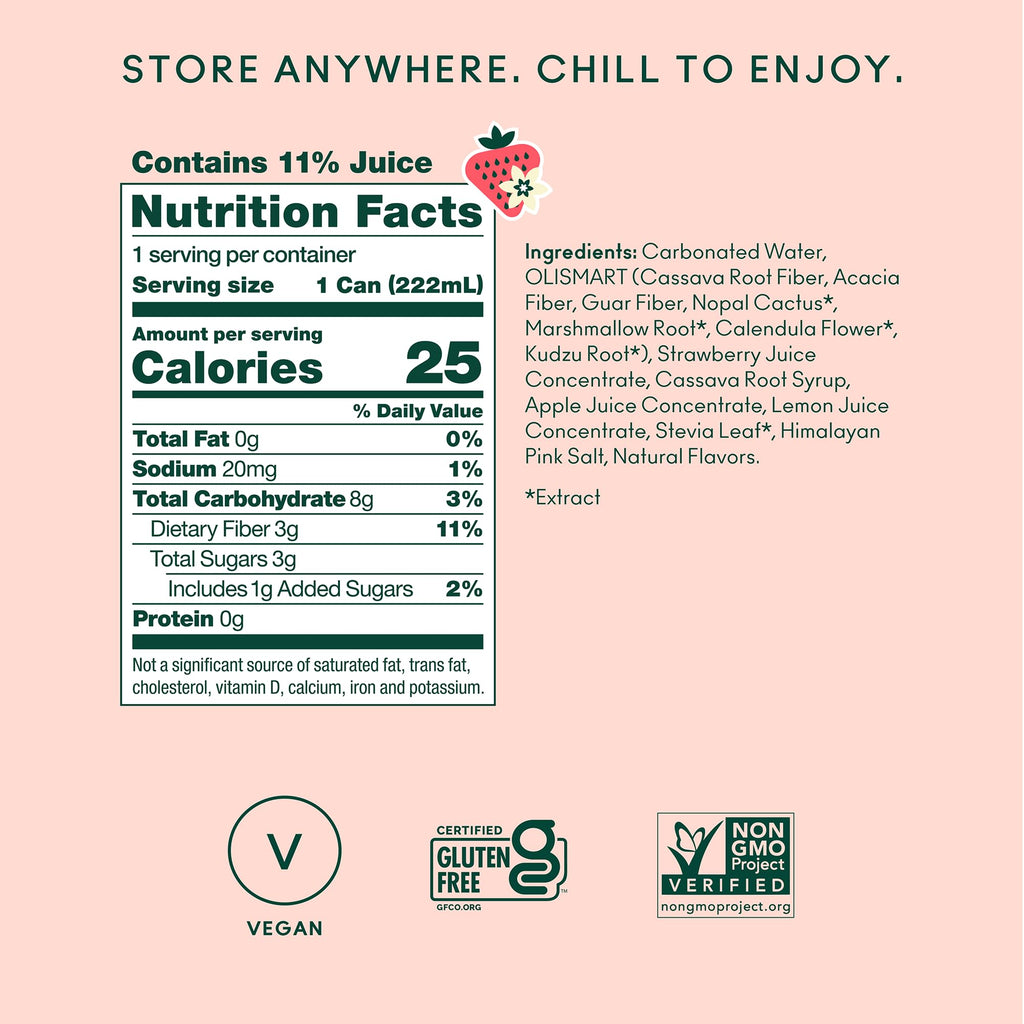 Olipop Strawberry Vanilla Soda, Case of 4, 6 Pack, 7.5 fl oz Cans