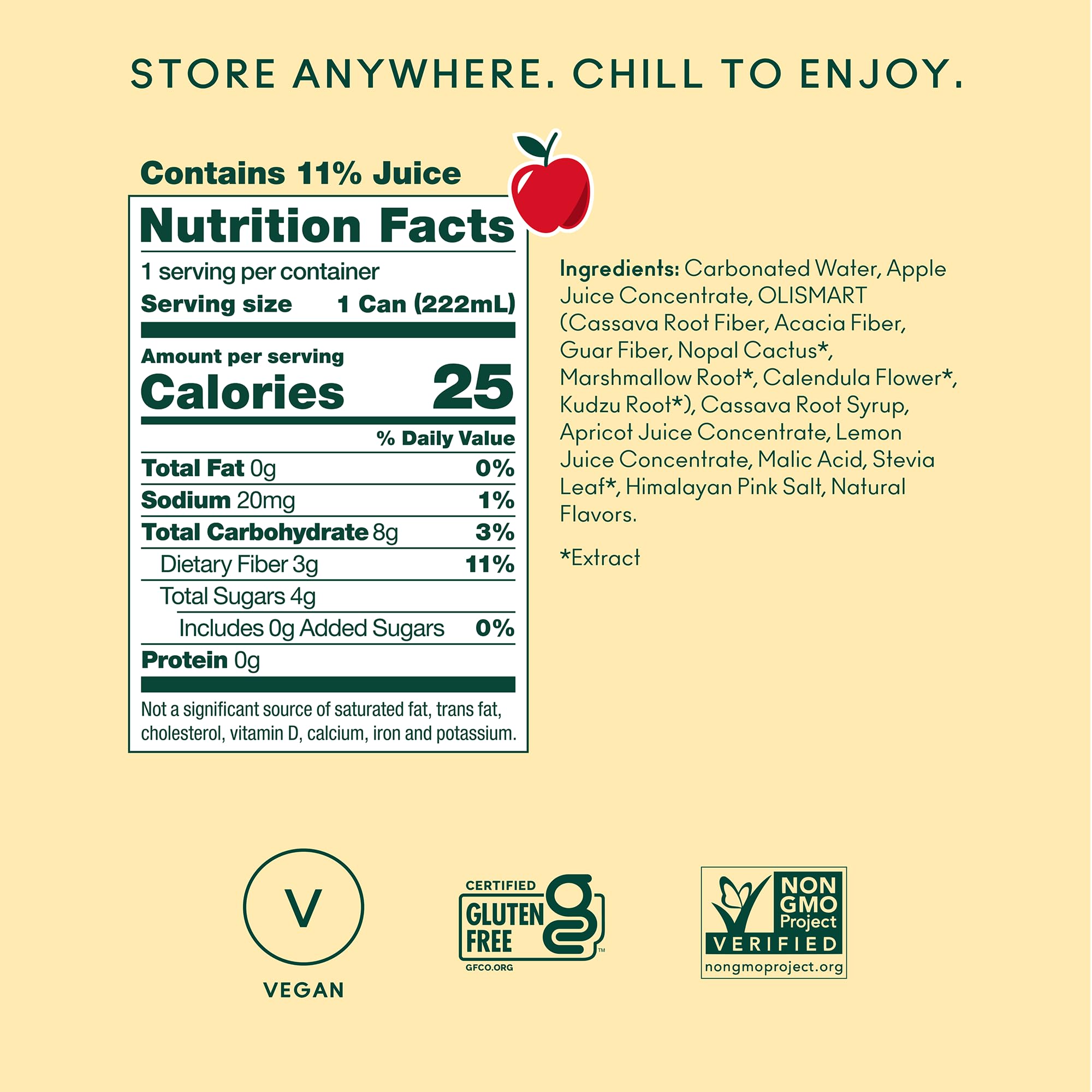Olipop Minis Crisp Apple Soda, Case of 4, 6 Pack, 7.5 fl oz Cans