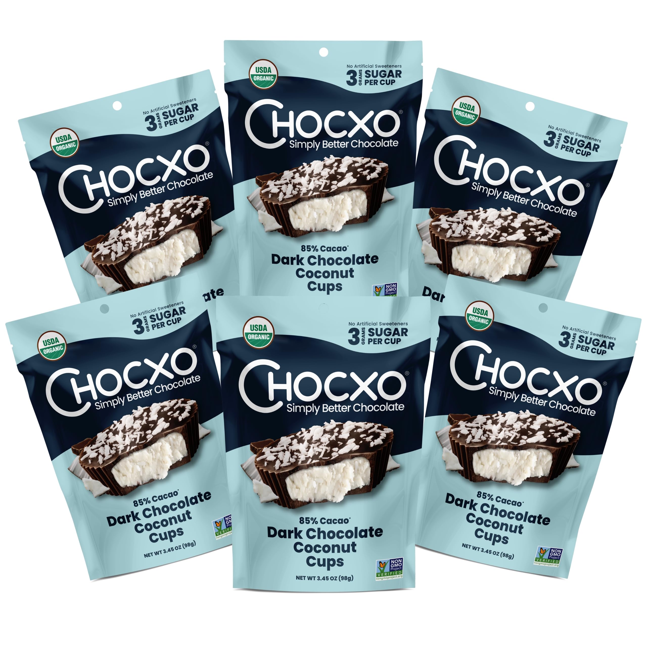 ChocXO Organic Dark Chocolate Coconut Butter Cups, Case of 6, 3.45 Ounce Packs