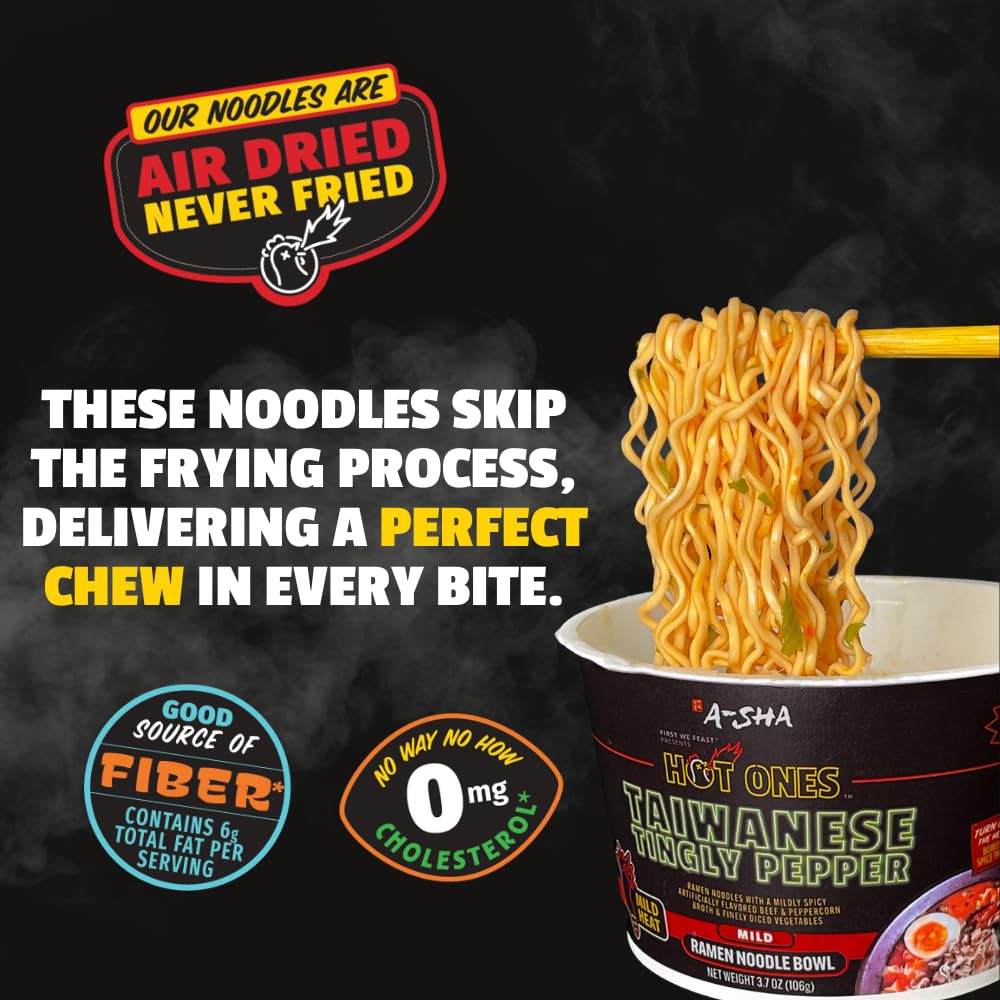 A-Sha Foods Hot Taiwanese Tingly Pepper Ramen Noodles, 3.7 oz, Case of 6