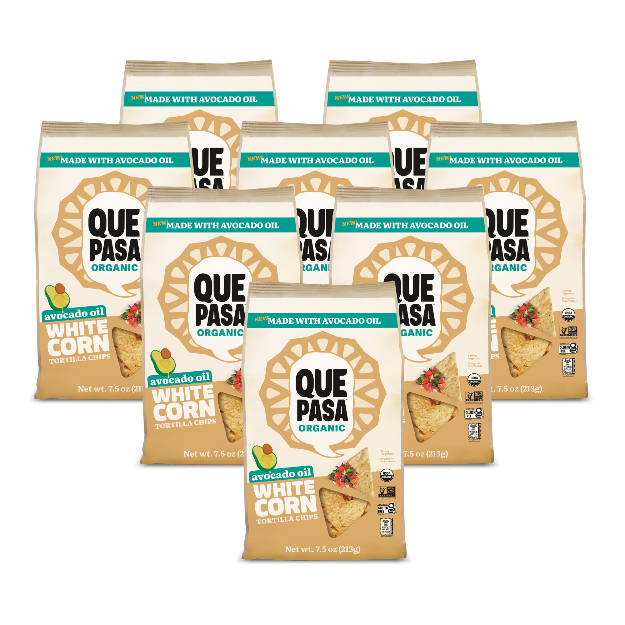 Que Pasa Organic White Tortilla Chips, Case of 8, 7.5 oz