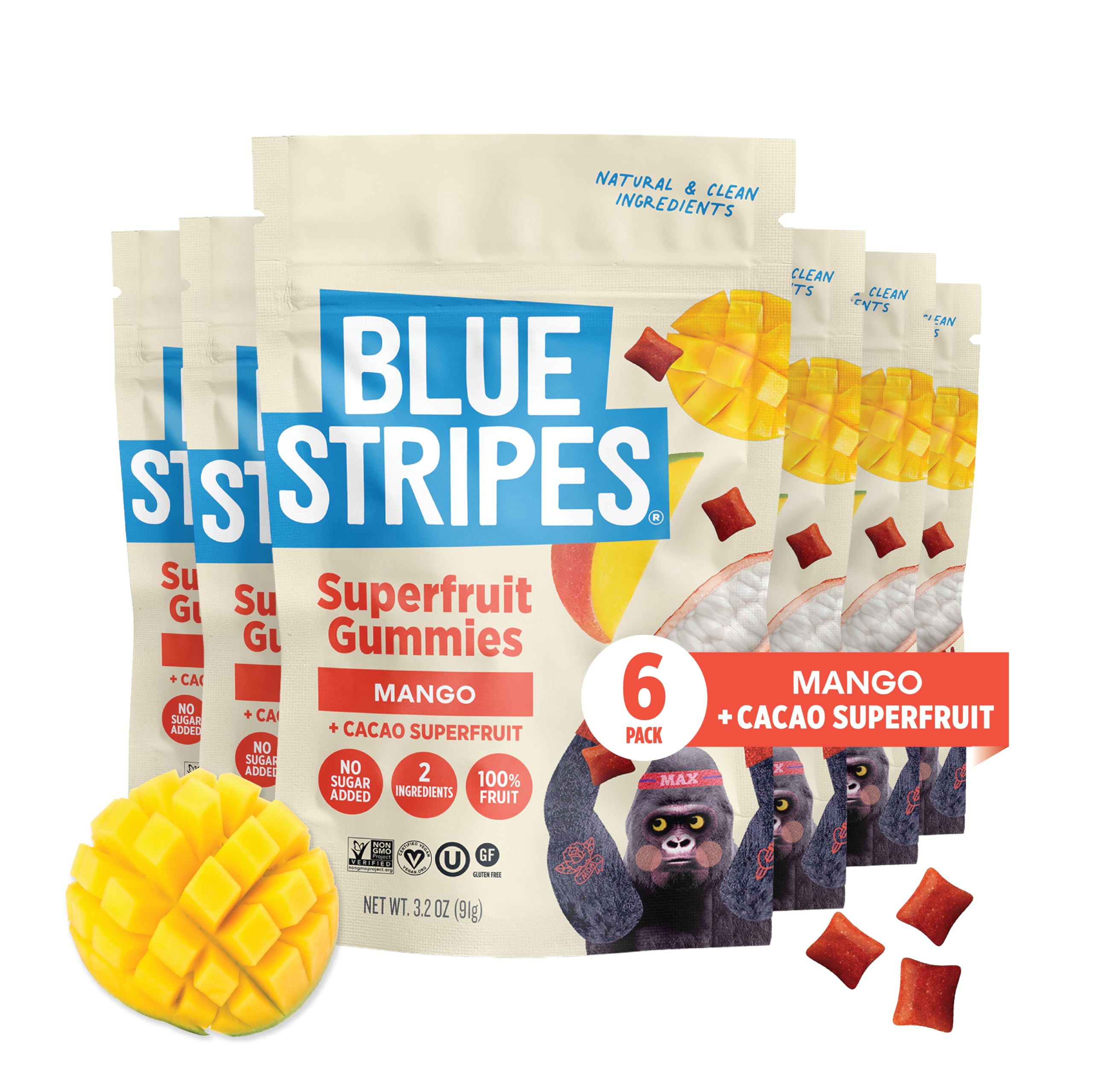 Blue Stripes Dried Cacao Fruit with Mango, Case of 6, 3.2 oz Bags
