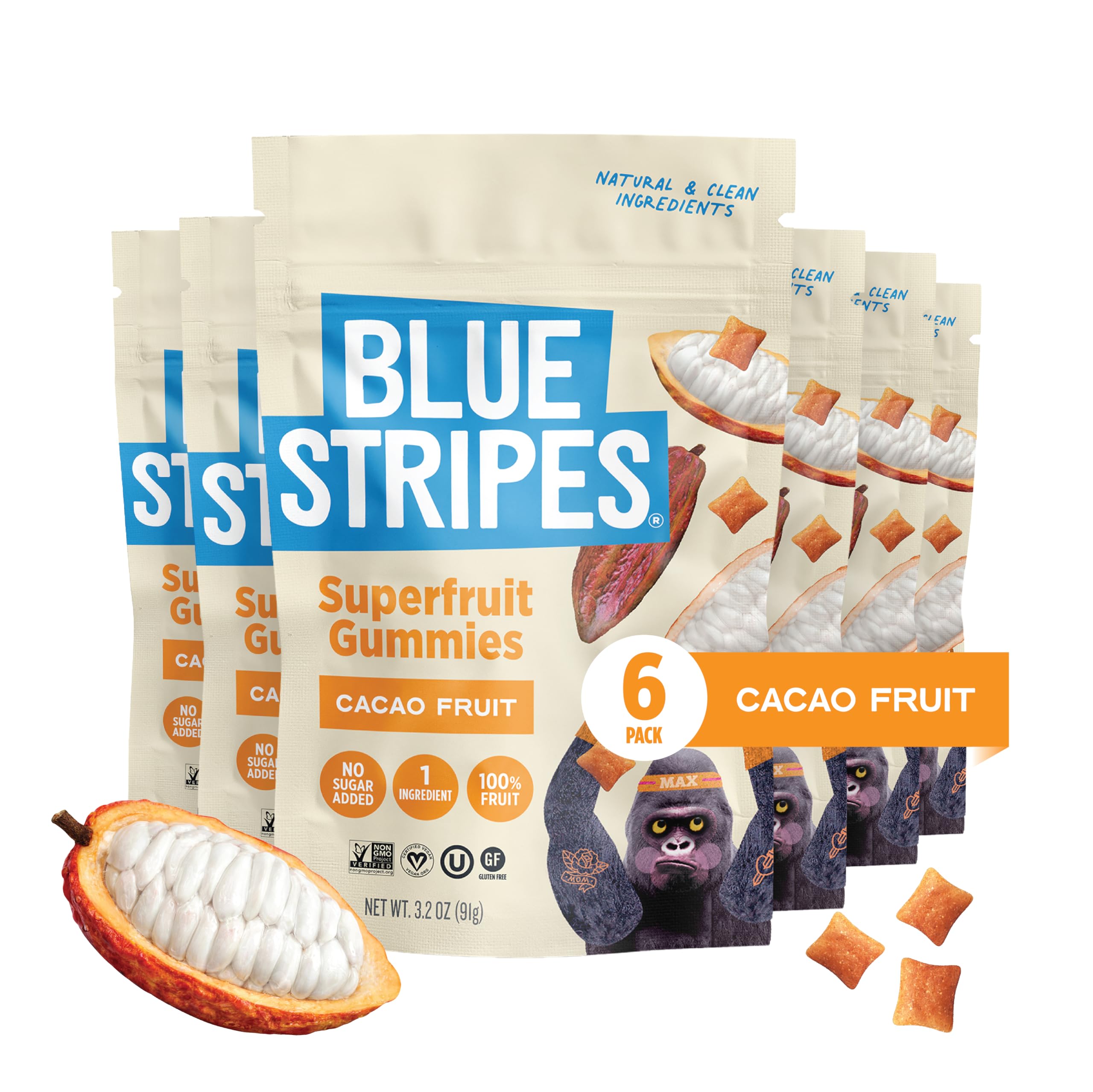 Blue Stripes Pure Dried Cacao Fruit, Case of 6, 3.2 oz Bags