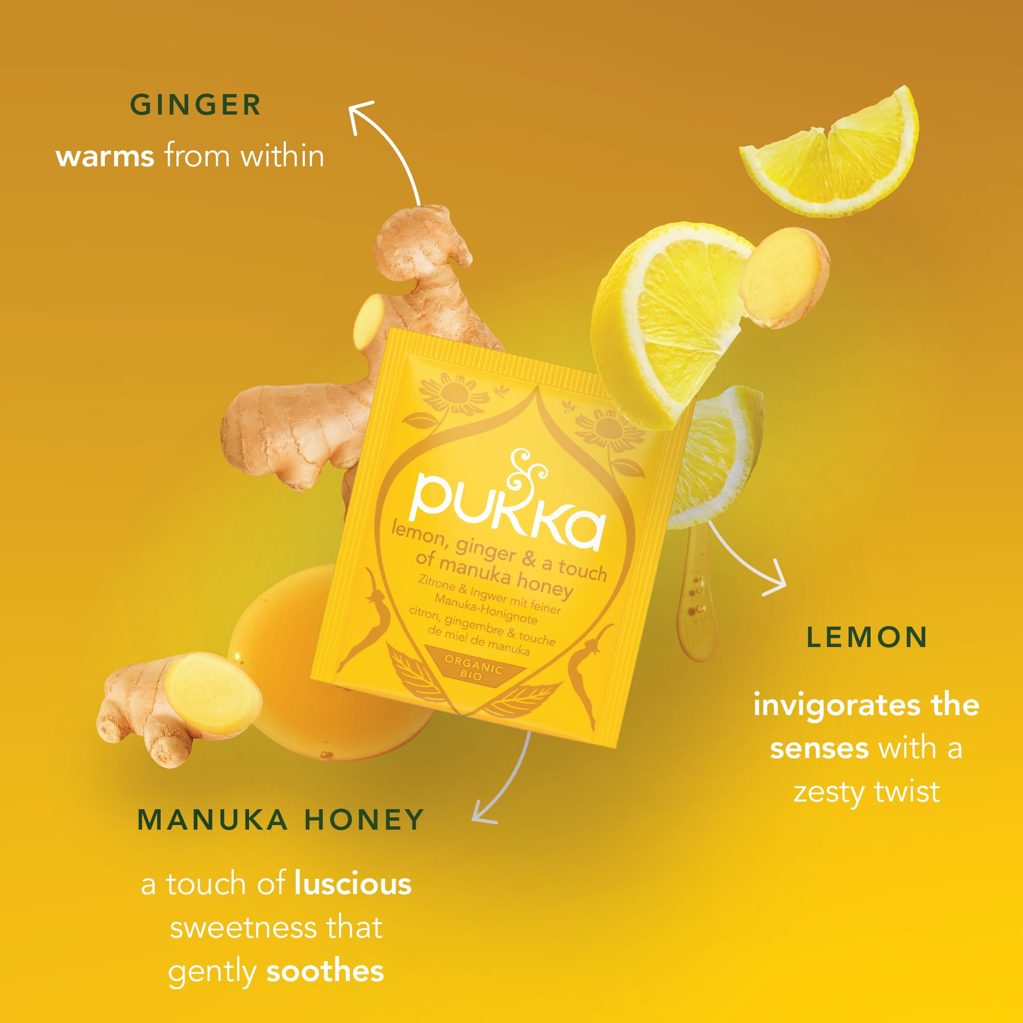 Pukka Organic Lemon Ginger Manuka Honey Tea, Case of 4, 20 Count