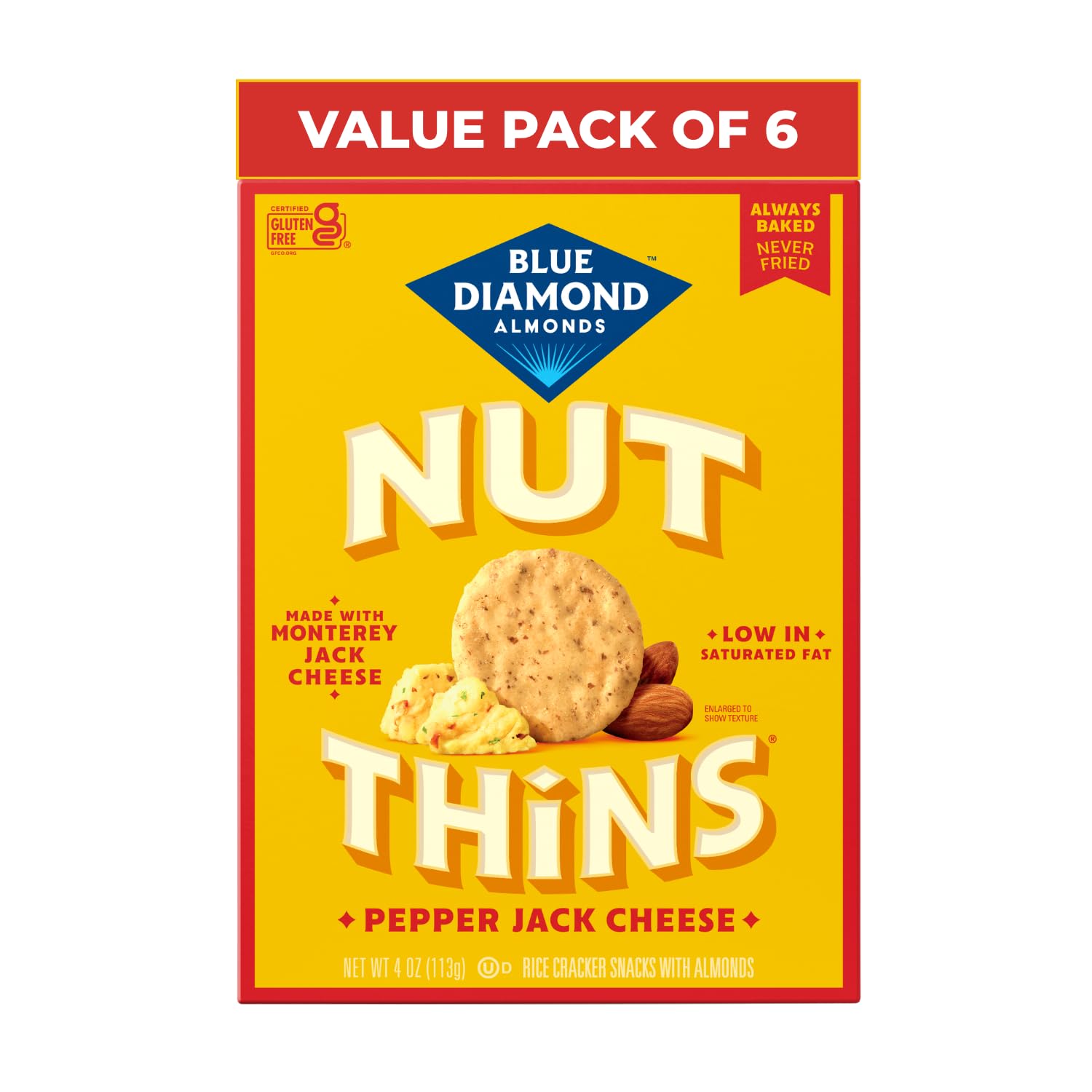 Blue Diamond Pepper Jack Nut Thins Crackers, Case of 6, 4 Ounce