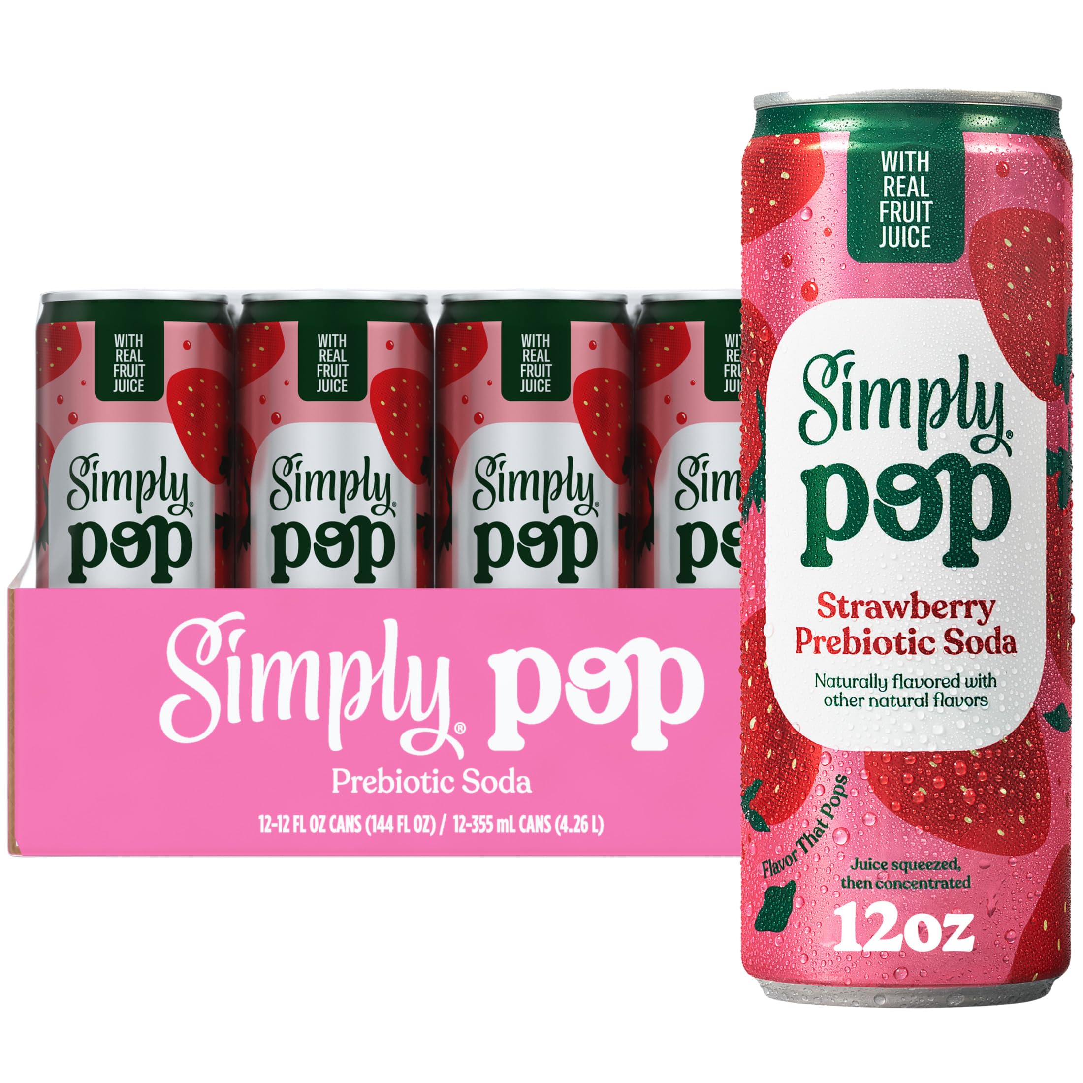 Simply Pop Strawberry Prebiotic Soda, Case of 12, 12 Fl Oz Cans