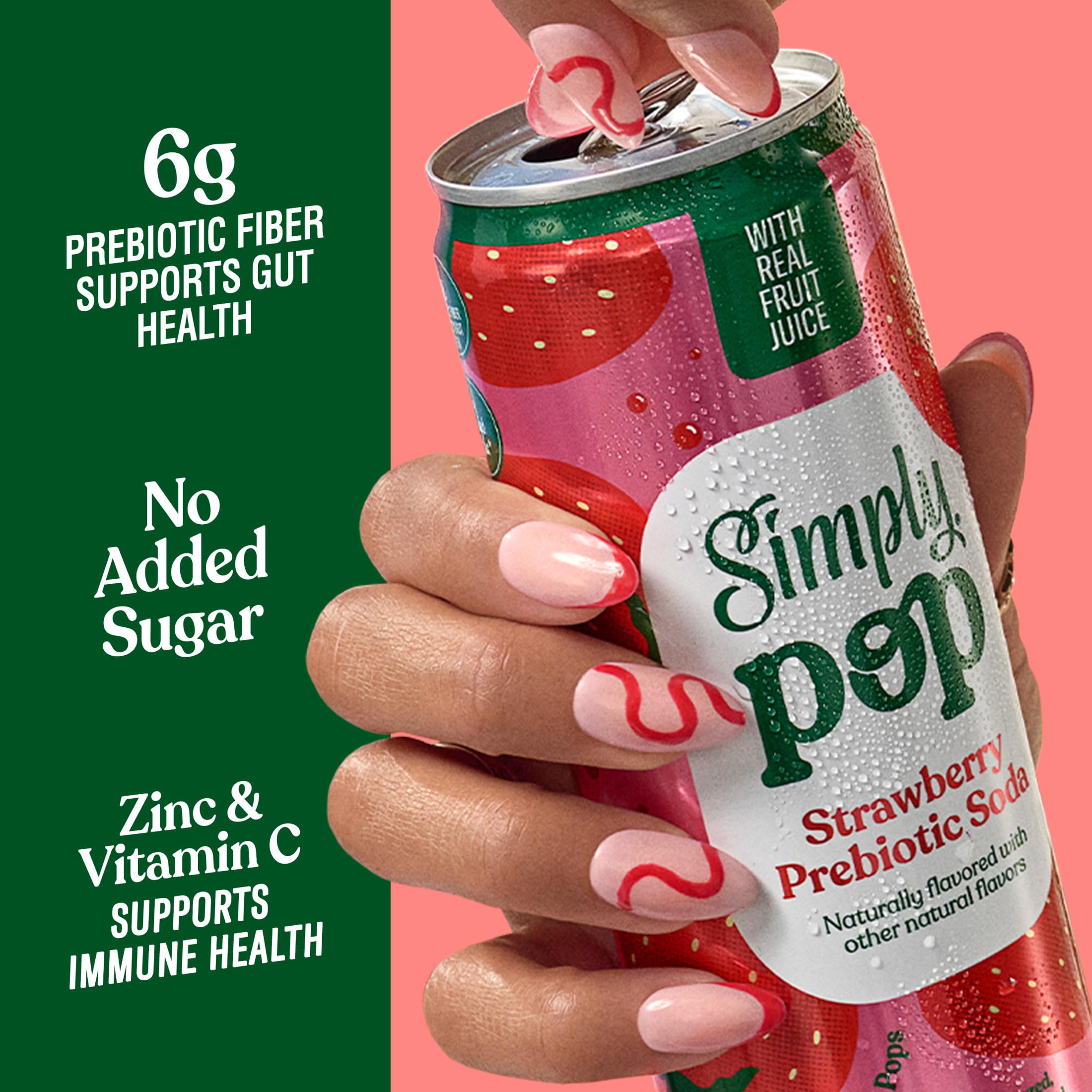 Simply Pop Strawberry Prebiotic Soda, Case of 12, 12 Fl Oz Cans