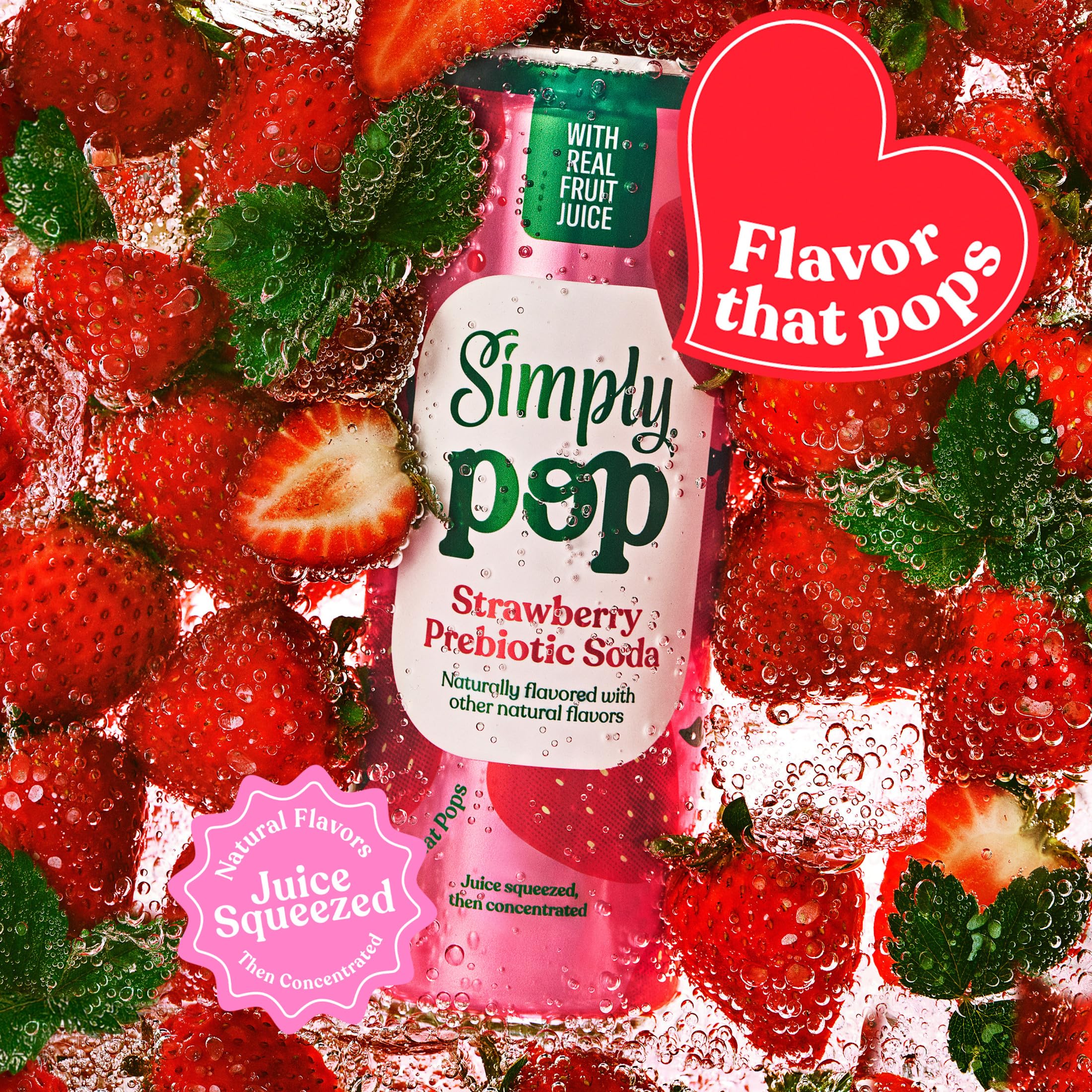 Simply Pop Strawberry Prebiotic Soda, Case of 12, 12 Fl Oz Cans