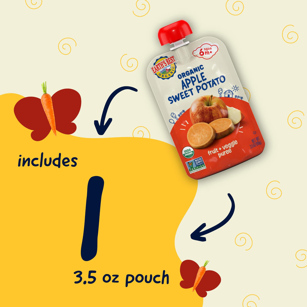Earth's Best Organic Stage 2 Apple Sweet Potato Baby Food Puree, 3.5 Ounce Pouches, Case of 12