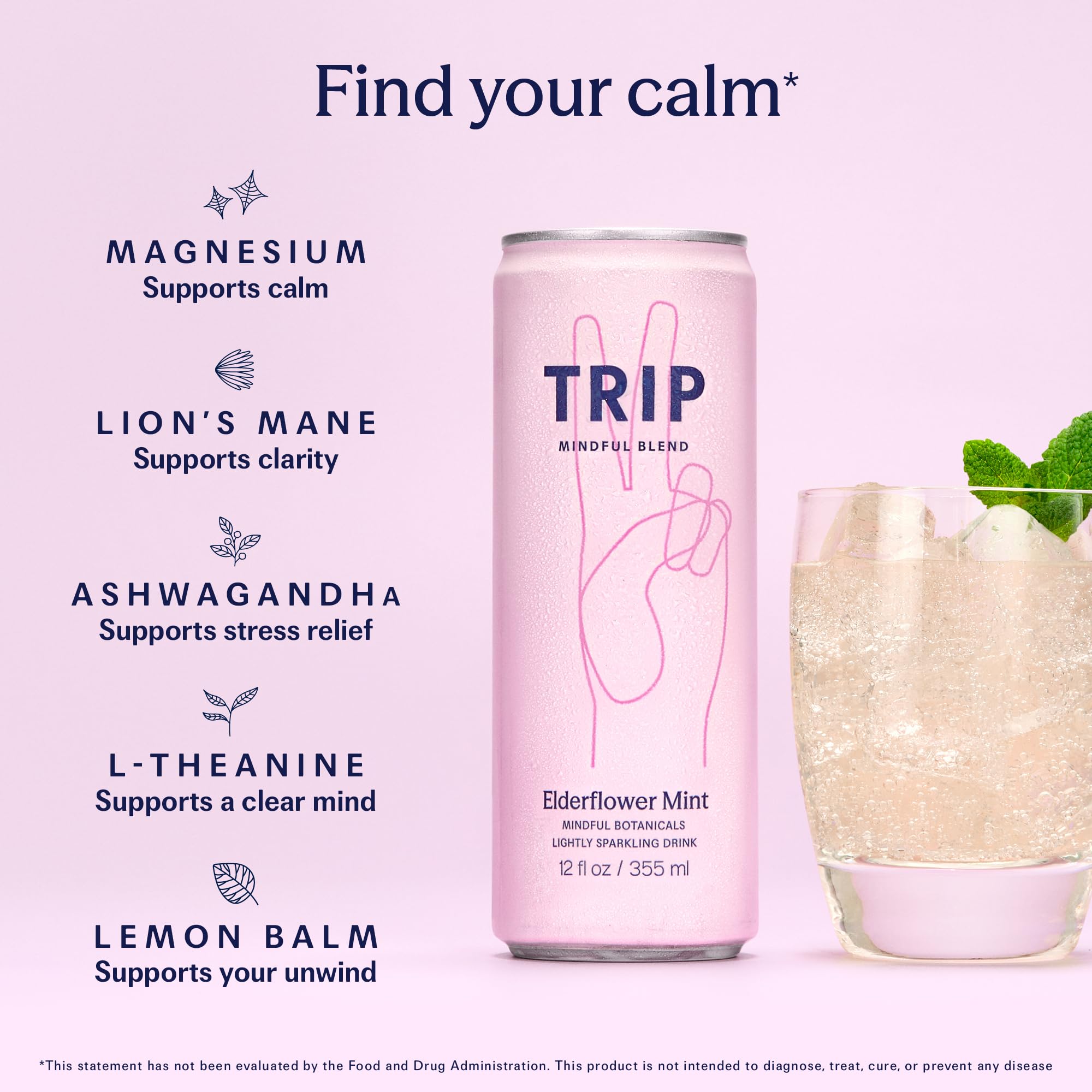 TRIP Mindful Blend Elderflower Mint Sparkling Drink, 12 Fluid Ounce Cans, Case of 12