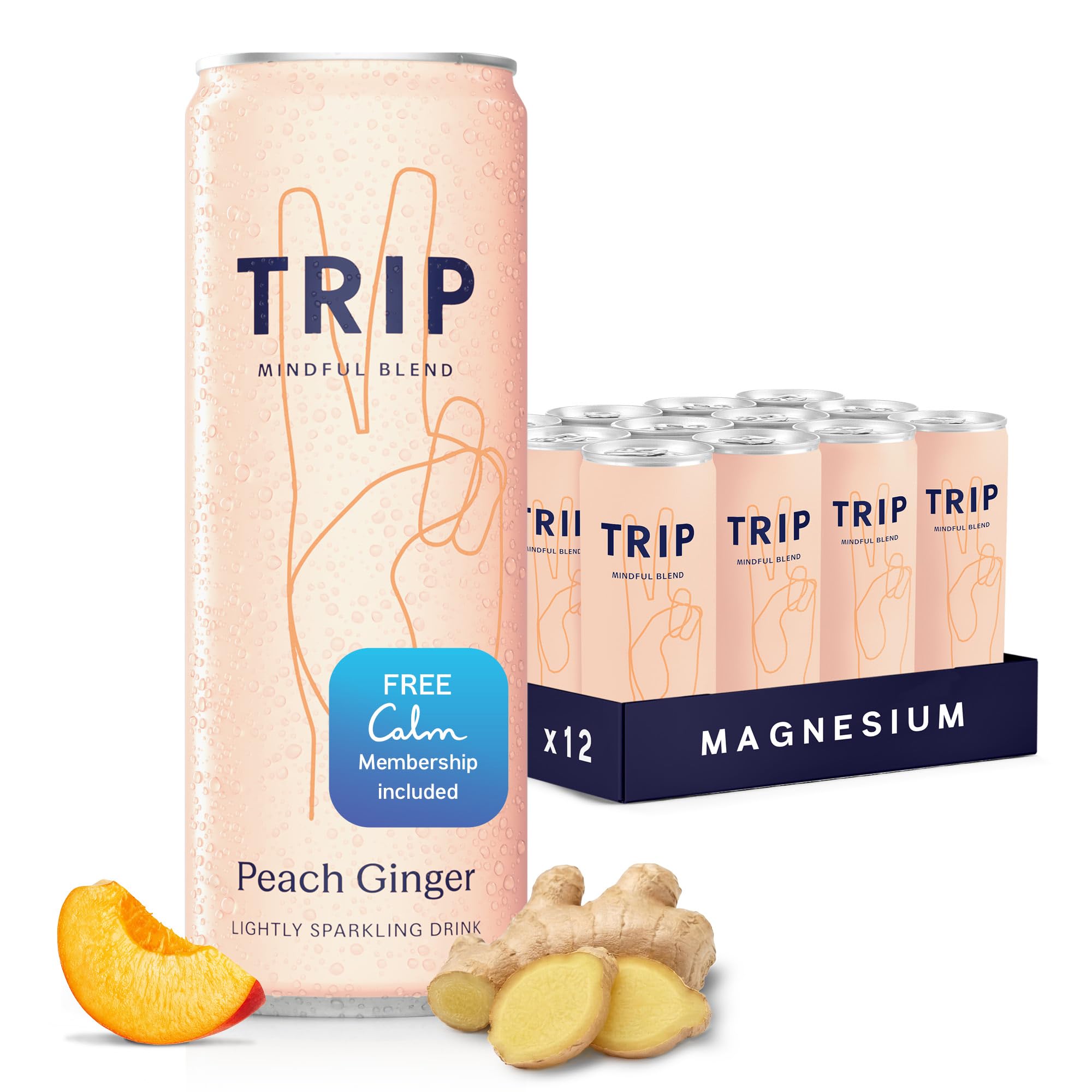 TRIP Mindful Blend Peach Ginger Sparkling Drink, Case of 12, 12 Fluid Ounce Cans