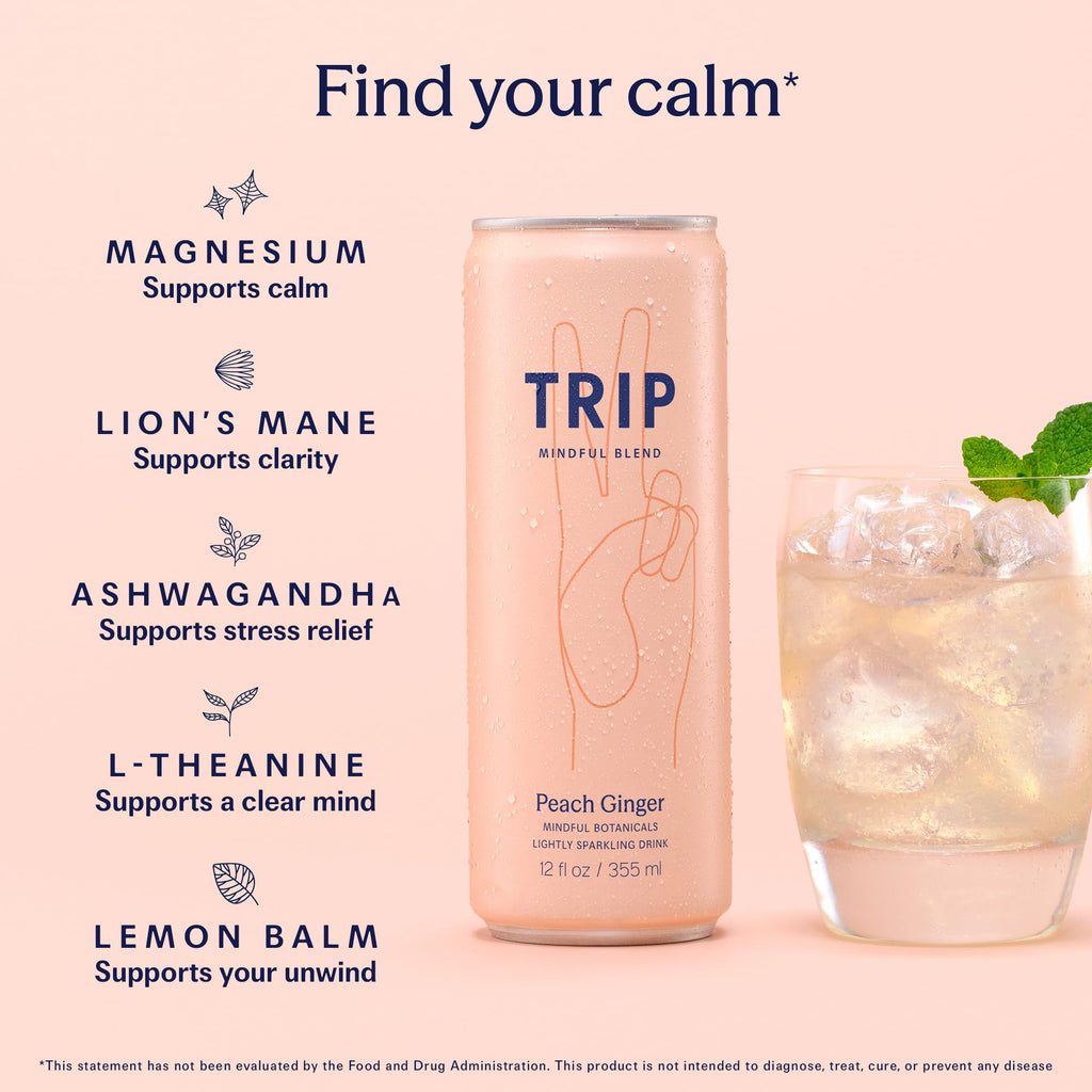 TRIP Mindful Blend Peach Ginger Sparkling Drink, Case of 12, 12 Fluid Ounce Cans
