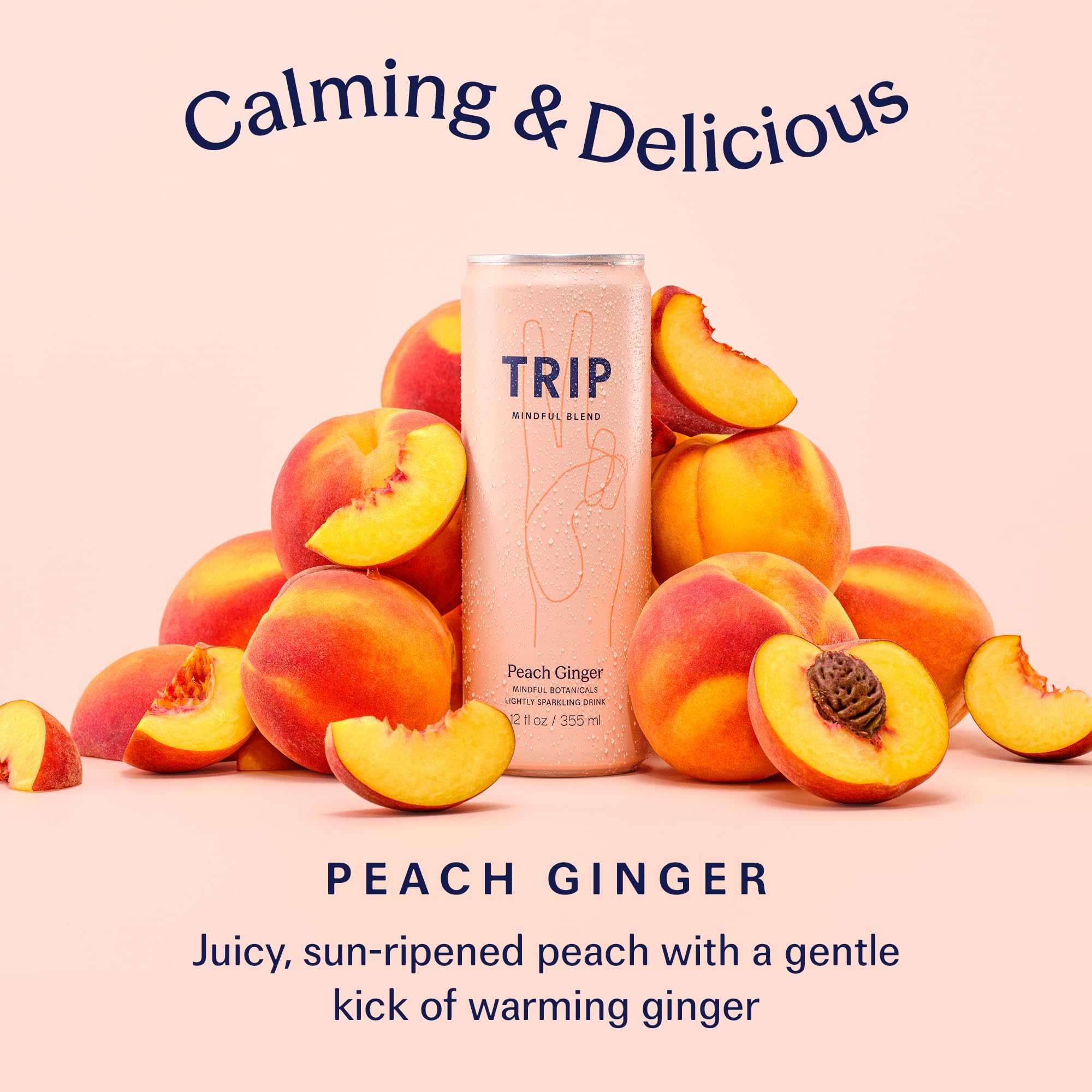 TRIP Mindful Blend Peach Ginger Sparkling Drink, Case of 12, 12 Fluid Ounce Cans