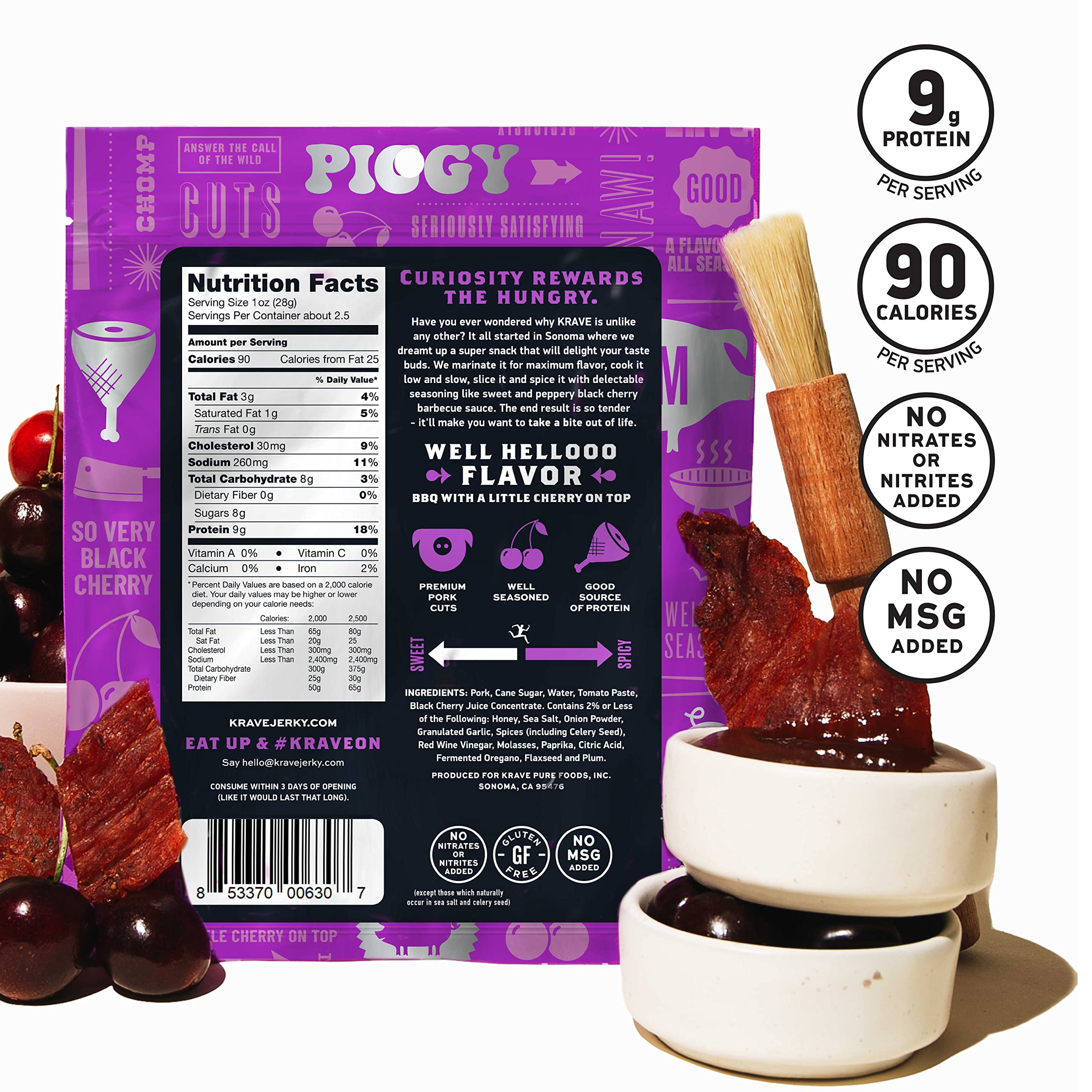 Krave Black Cherry Barbecue Pork Cuts, Case of 8, 2.5 Ounce Bags