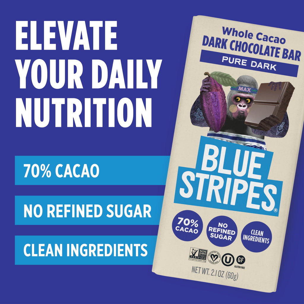 Blue Stripe Dark Chocolate Brownie Whole Cacao Pure Dark, Case of 24, 2.1 Ounce