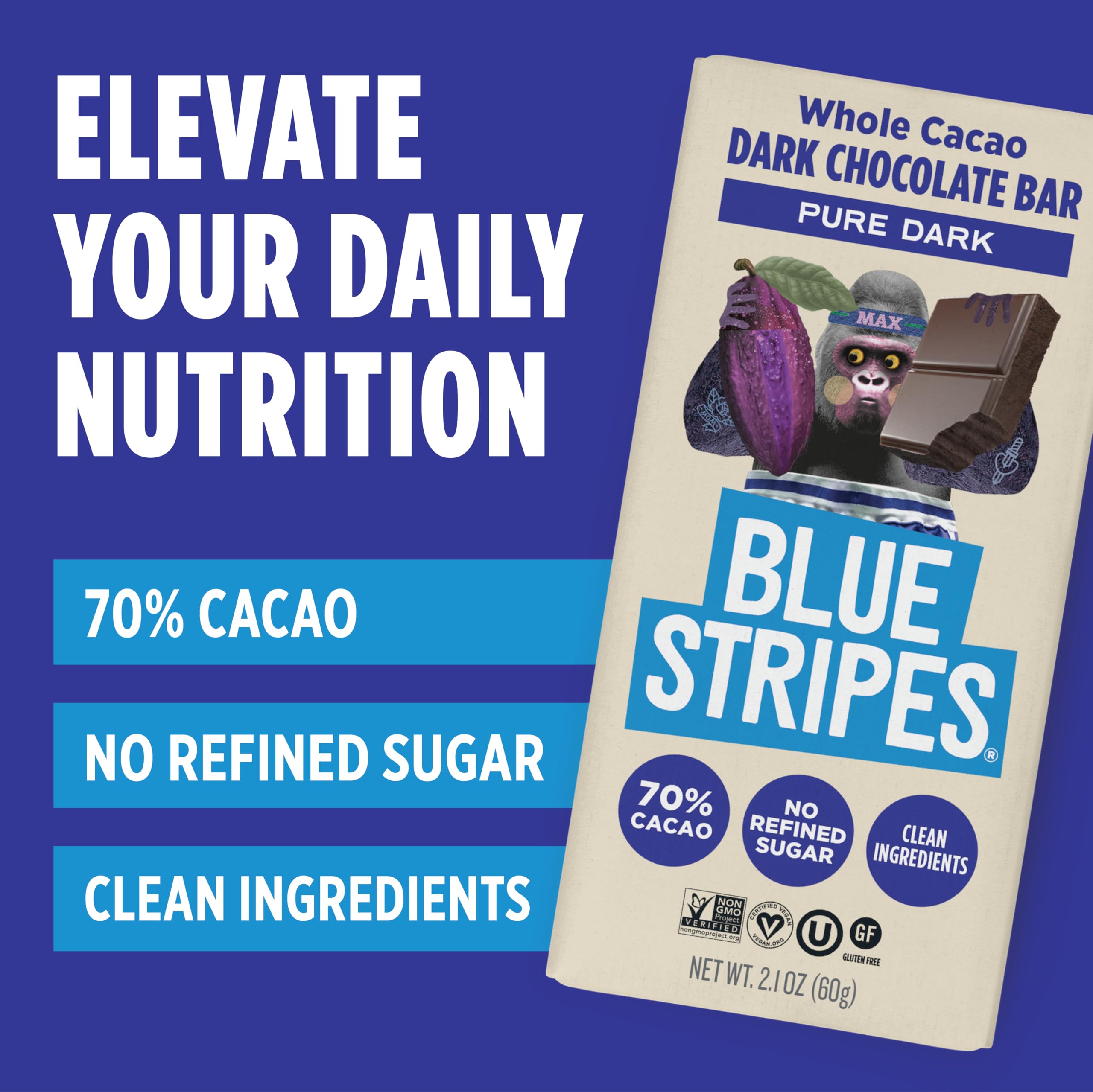 Blue Stripe Dark Chocolate Brownie Whole Cacao Pure Dark, Case of 24, 2.1 Ounce
