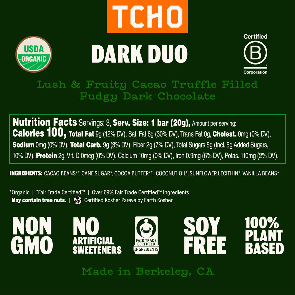TCHO Organic Dark Duo Chocolate Bar, Case of 10, 2.1 Ounce Bars