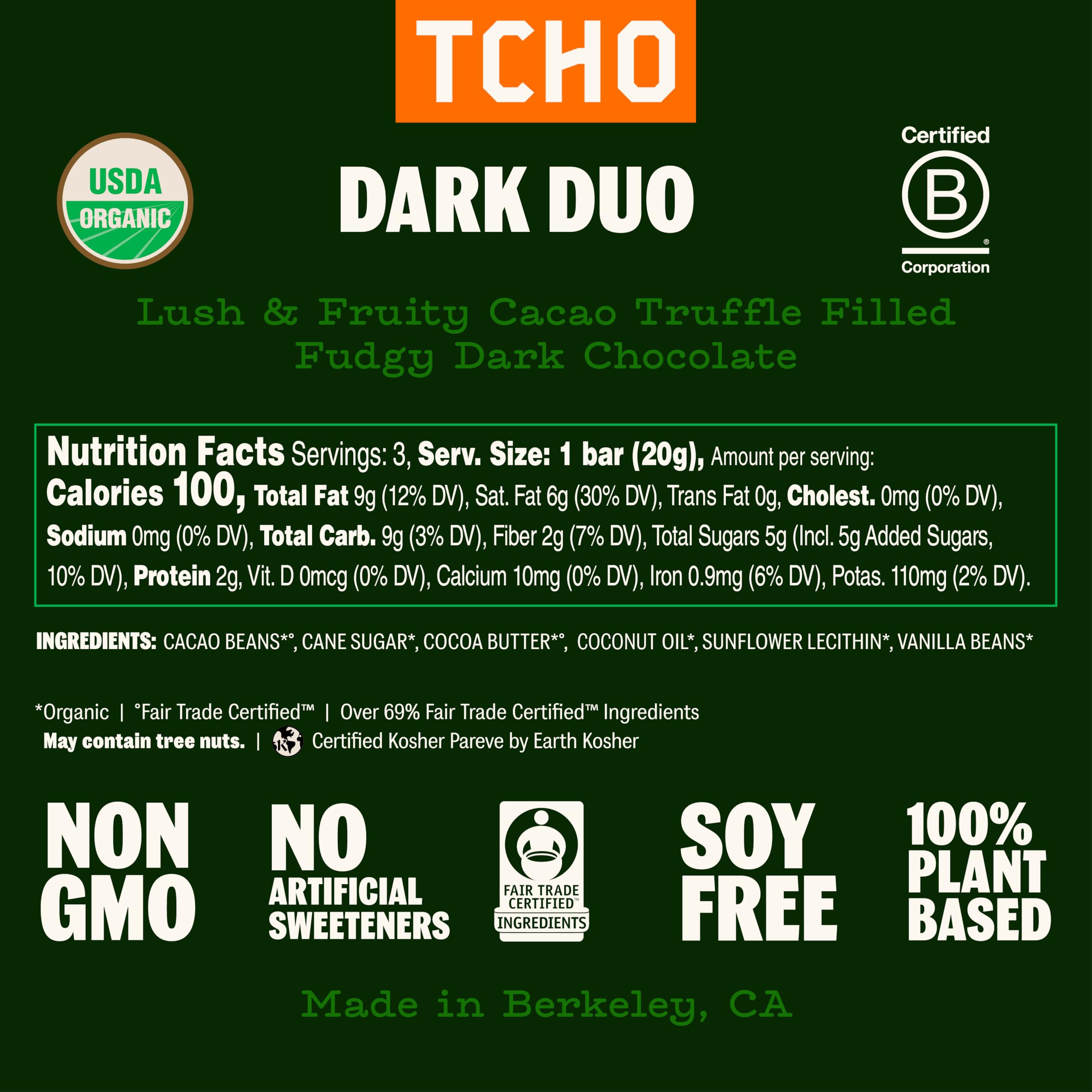 TCHO Organic Dark Duo Chocolate Bar, Case of 10, 2.1 Ounce Bars