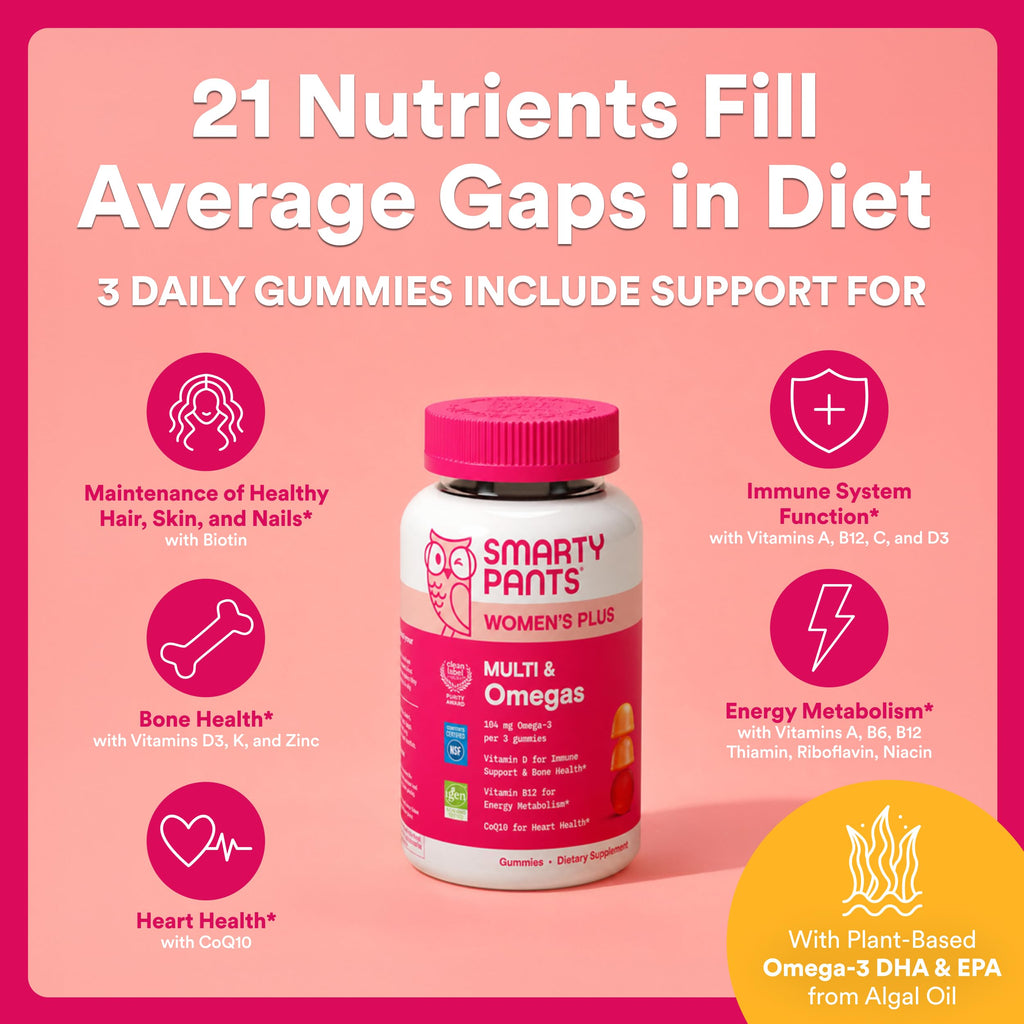 SmartyPants Women's Plus Multi & Omegas Strawberry, Orange, and Lemon Gummies, 90 Count