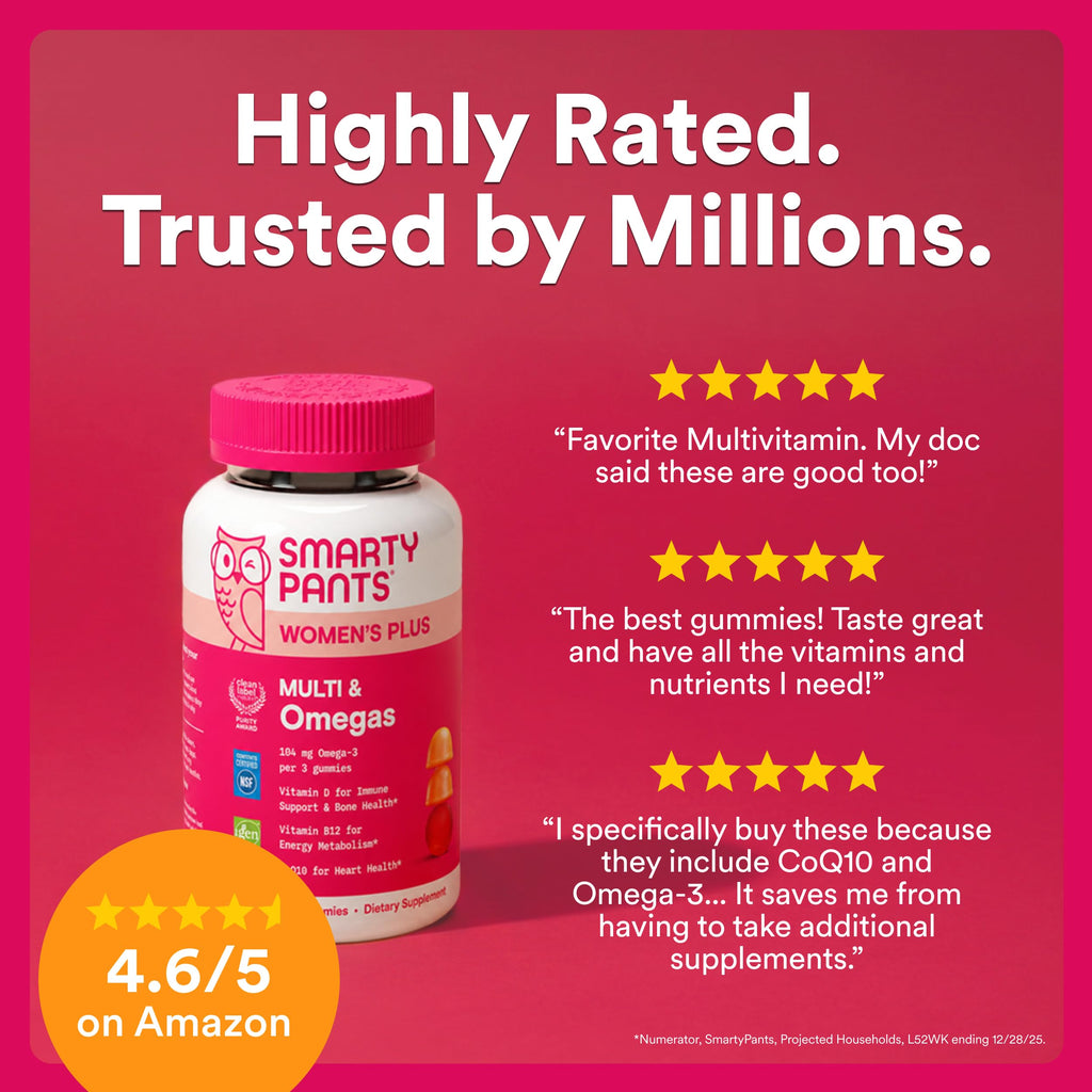 SmartyPants Women's Plus Multi & Omegas Strawberry, Orange, and Lemon Gummies, 90 Count