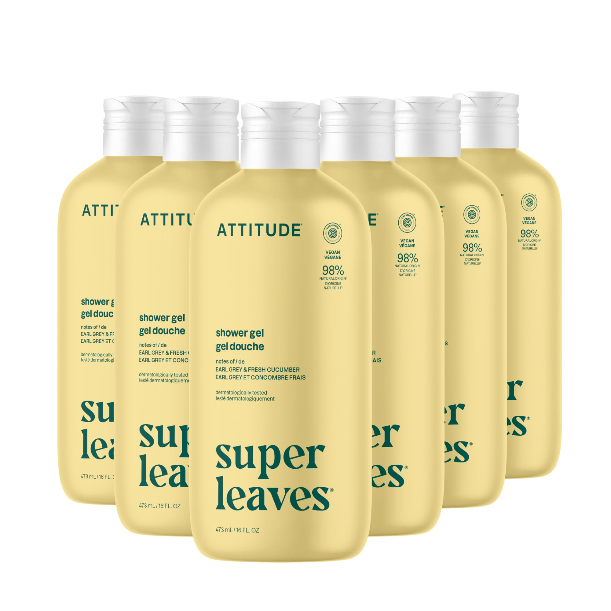 ATTITUDE Super Leaves Earl Grey and Fresh Cucumber Shower Gel, Case of 6, 16 fl oz