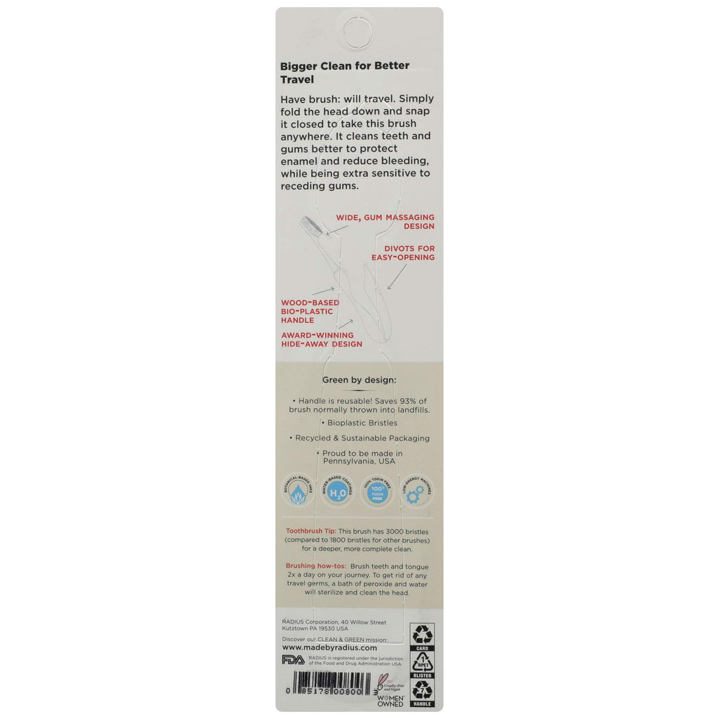 RADIUS Tour Travel Toothbrush, Soft Bristles, 1 Count