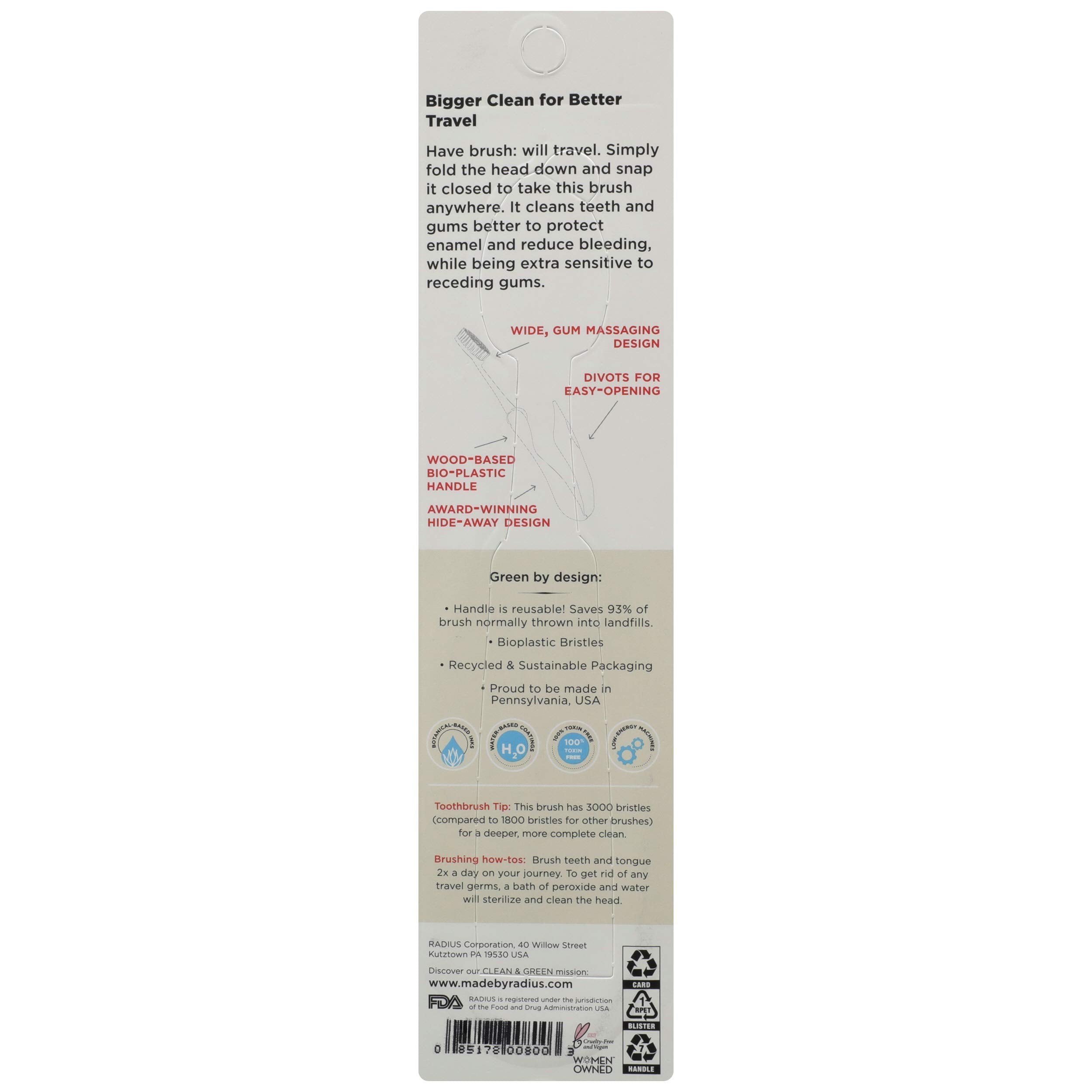 RADIUS Tour Travel Toothbrush, Soft Bristles, 1 Count