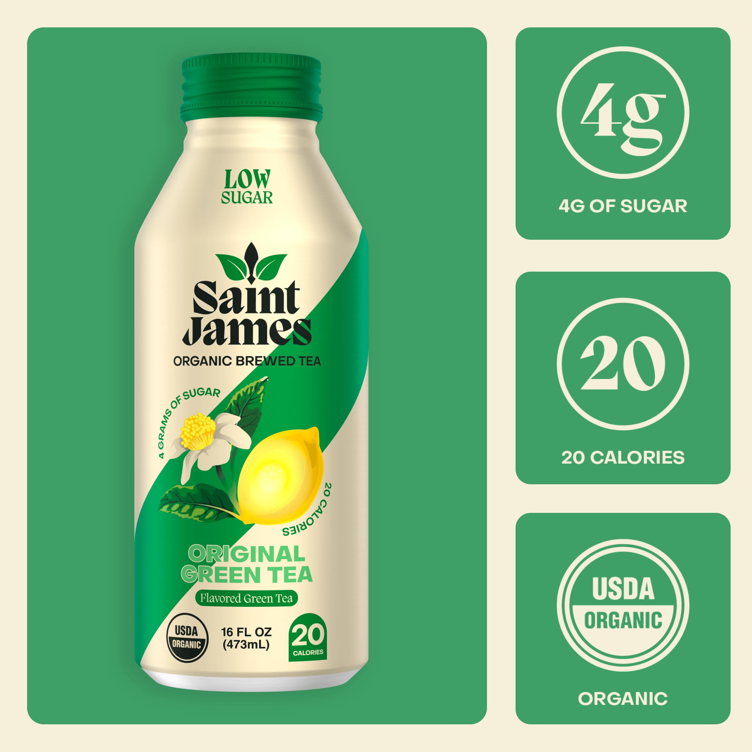 Saint James Organic Original Green Tea, Case of 12, 16 fl oz