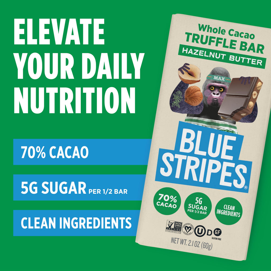 Blue Stripes Whole Cacao Hazelnut Butter Dark Chocolate Truffle Bar, Case of 24, 2.1 Ounce Bars