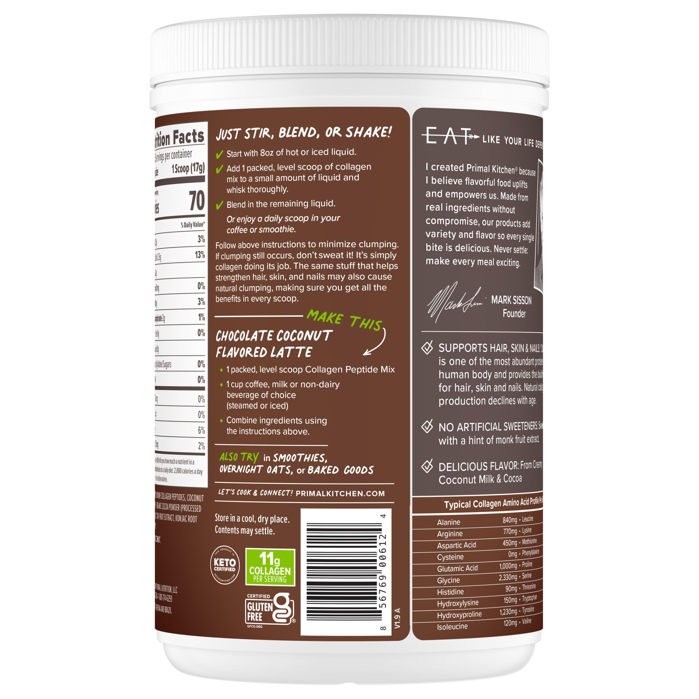 Primal Kitchen Chocolate Coconut Collagen Drink Mix, 15 Ounce