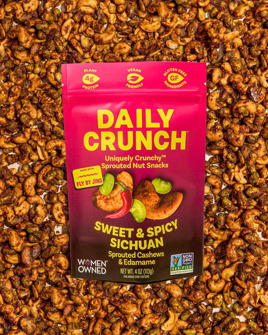 Daily Crunch Sweet Sichuan Cashew Edamame Nut Snack, Case of 6, 4 Ounces