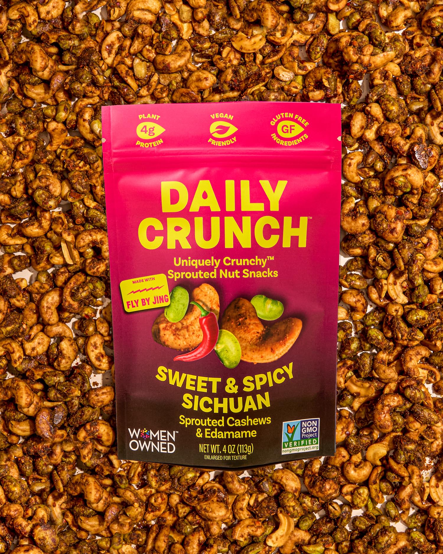 Daily Crunch Sweet Sichuan Cashew Edamame Nut Snack, Case of 6, 4 Ounces