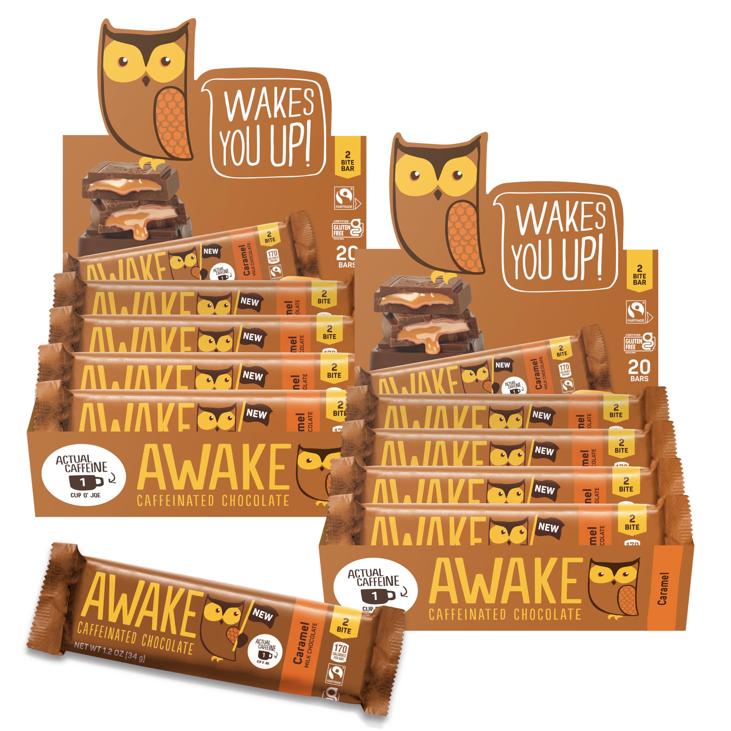 Awake Chocolate Caffeinated Milk Chocolate Bar, Case of 20, 1.2 Ounce Bars
