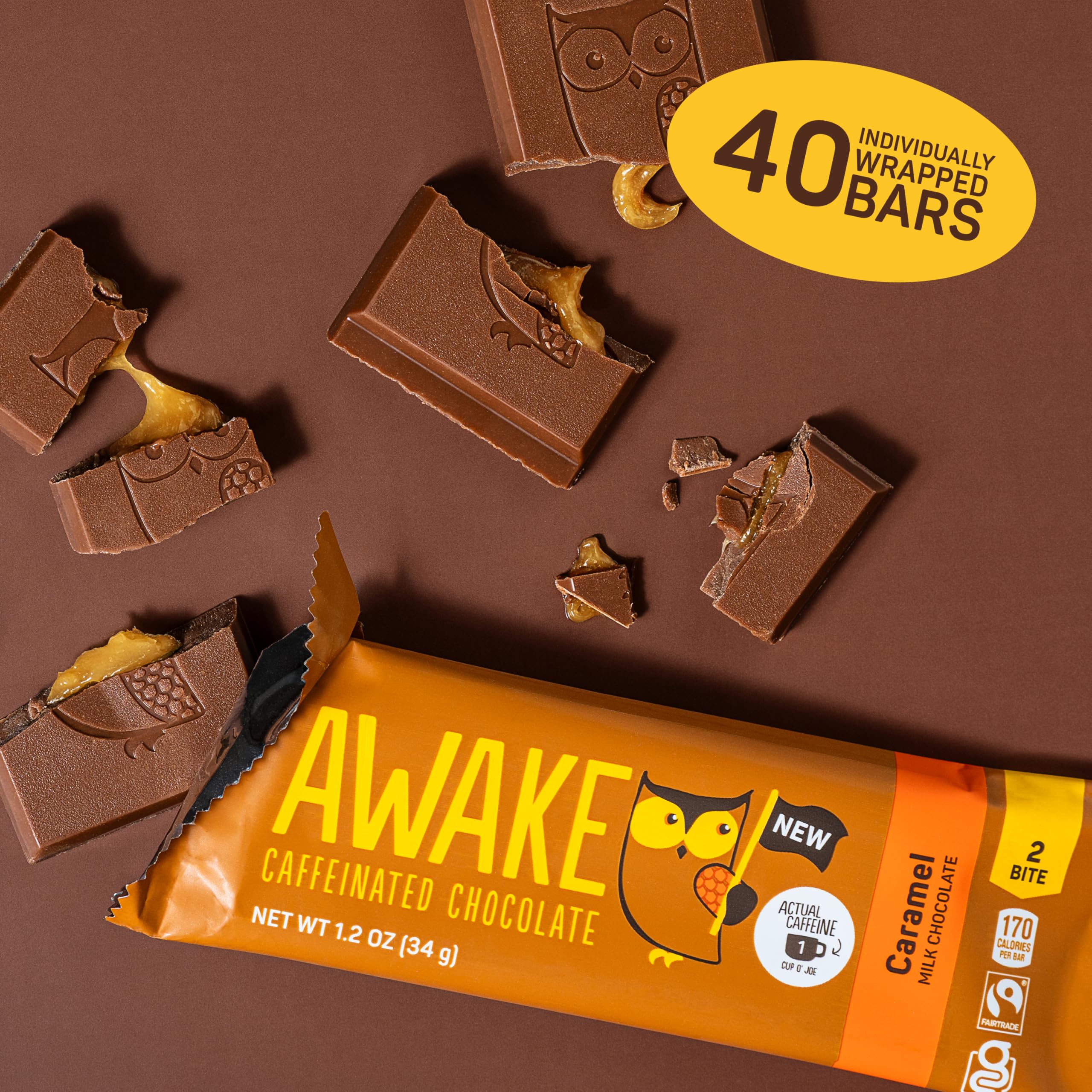 Awake Chocolate Caffeinated Milk Chocolate Bar, Case of 20, 1.2 Ounce Bars