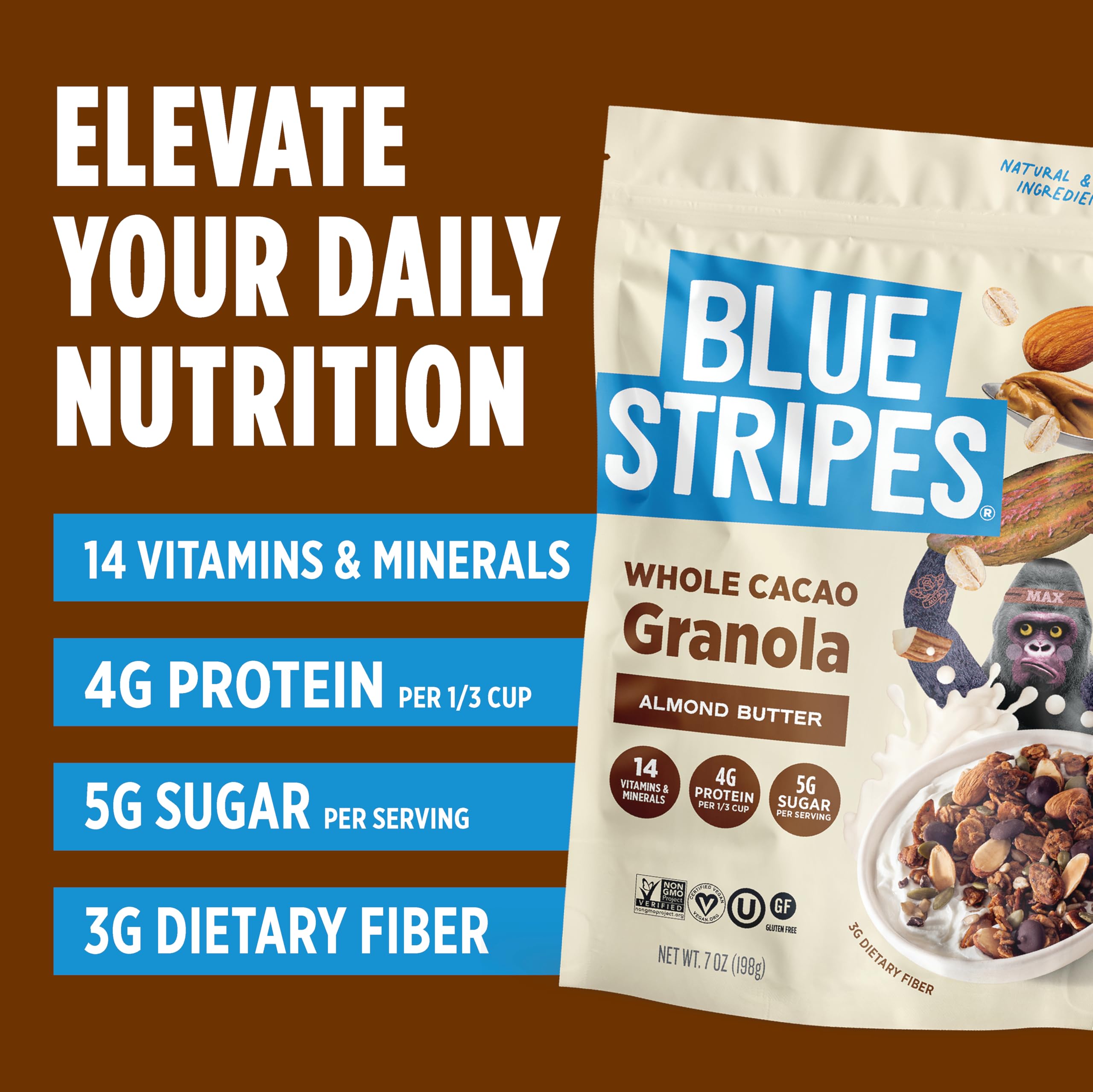 Blue Stripe Almond Butter Whole Cacao Granola, Case of 6, 7 oz