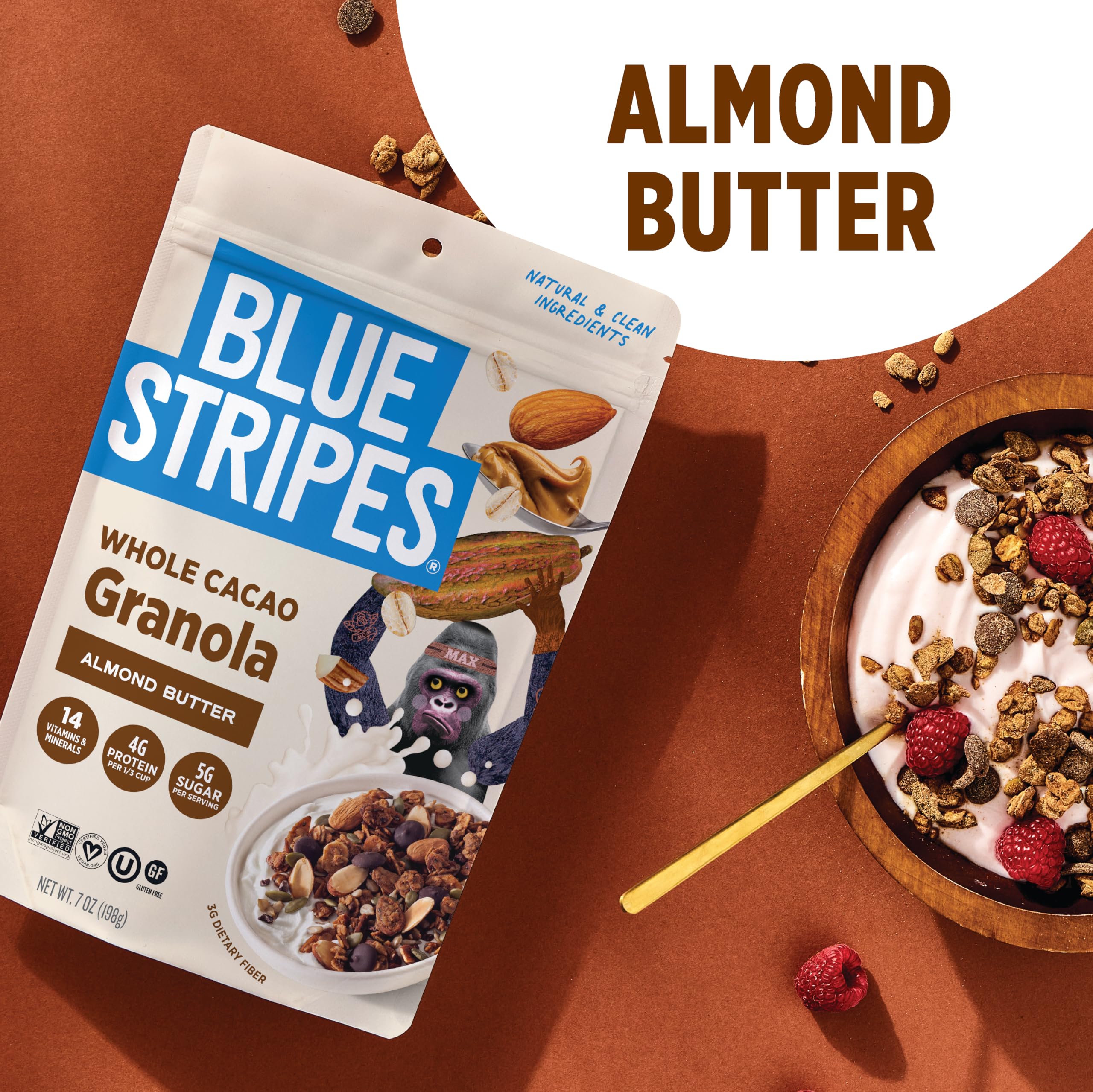 Blue Stripe Almond Butter Whole Cacao Granola, Case of 6, 7 oz