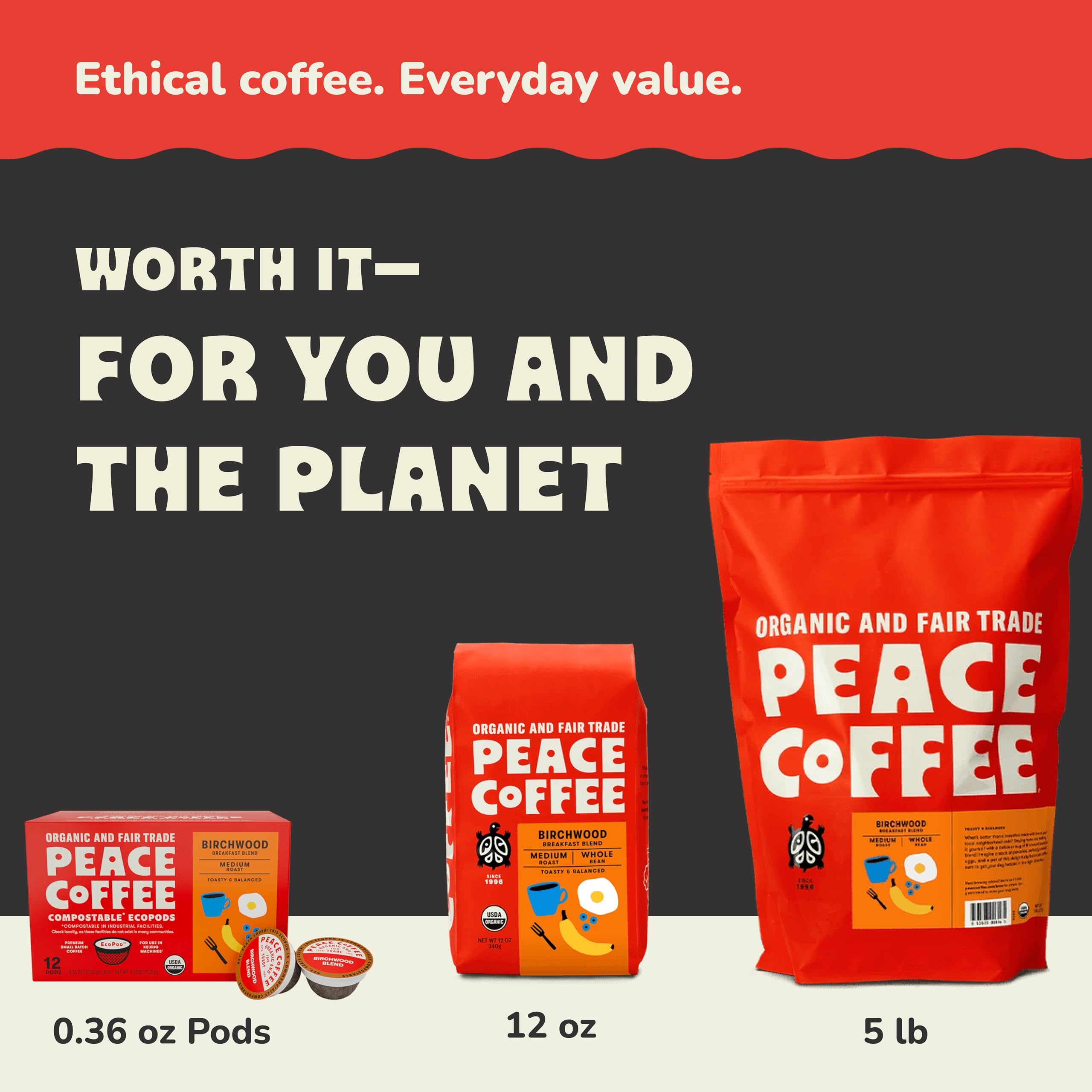 Peace Coffee Organic Birchwood Breakfast Blend Coffee Pods, Case of 6, 12 Count