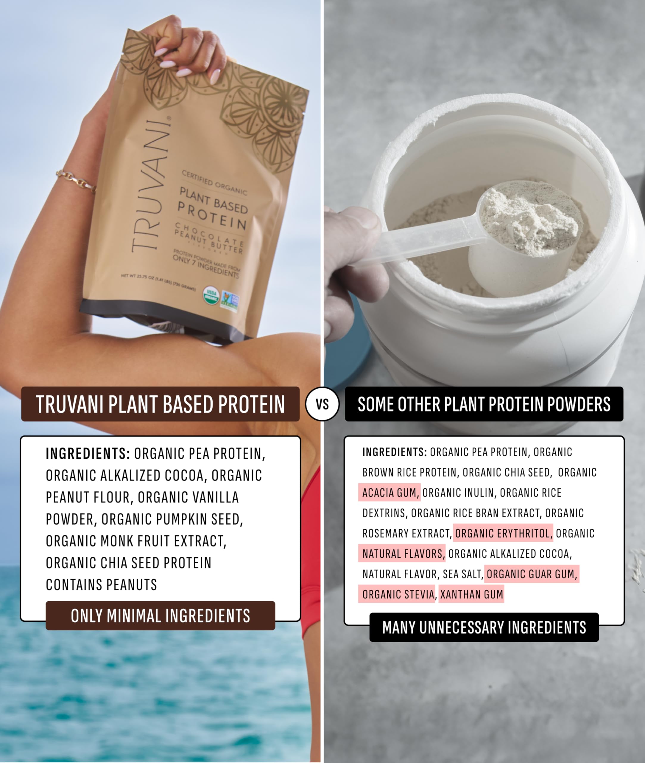 Truvani Organic Peanut Butter Chocolate Protein Powder, 25.75 oz