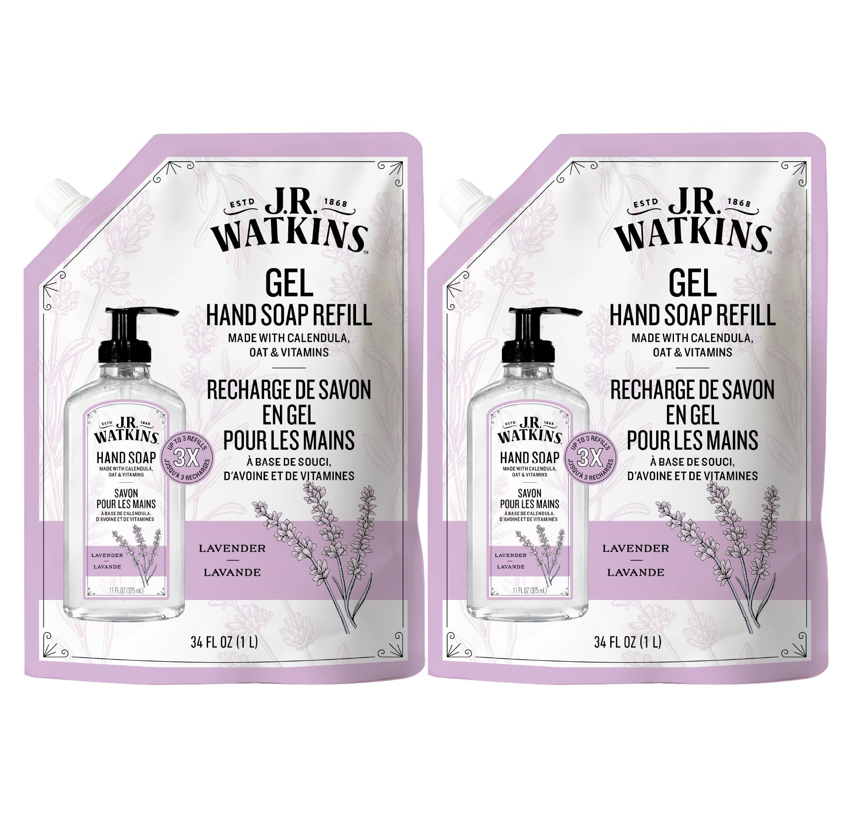 J.R. Watkins Lavender Gel Hand Soap Refill, Case of 2, 34 fl oz Each