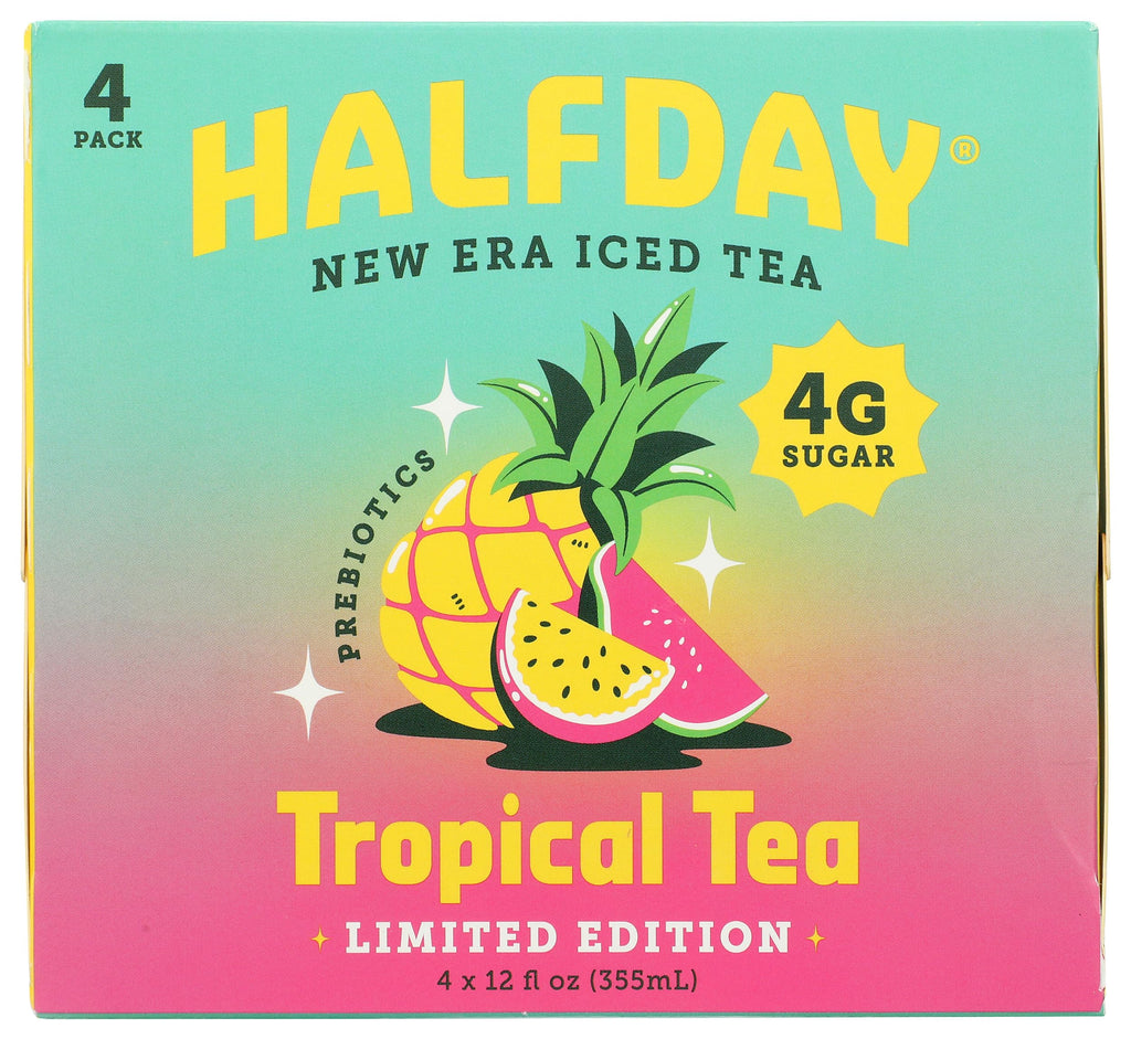 Halfday Tropical Prebiotic Iced Tea, Case of 6 4-Packs, 12 fl oz Cans