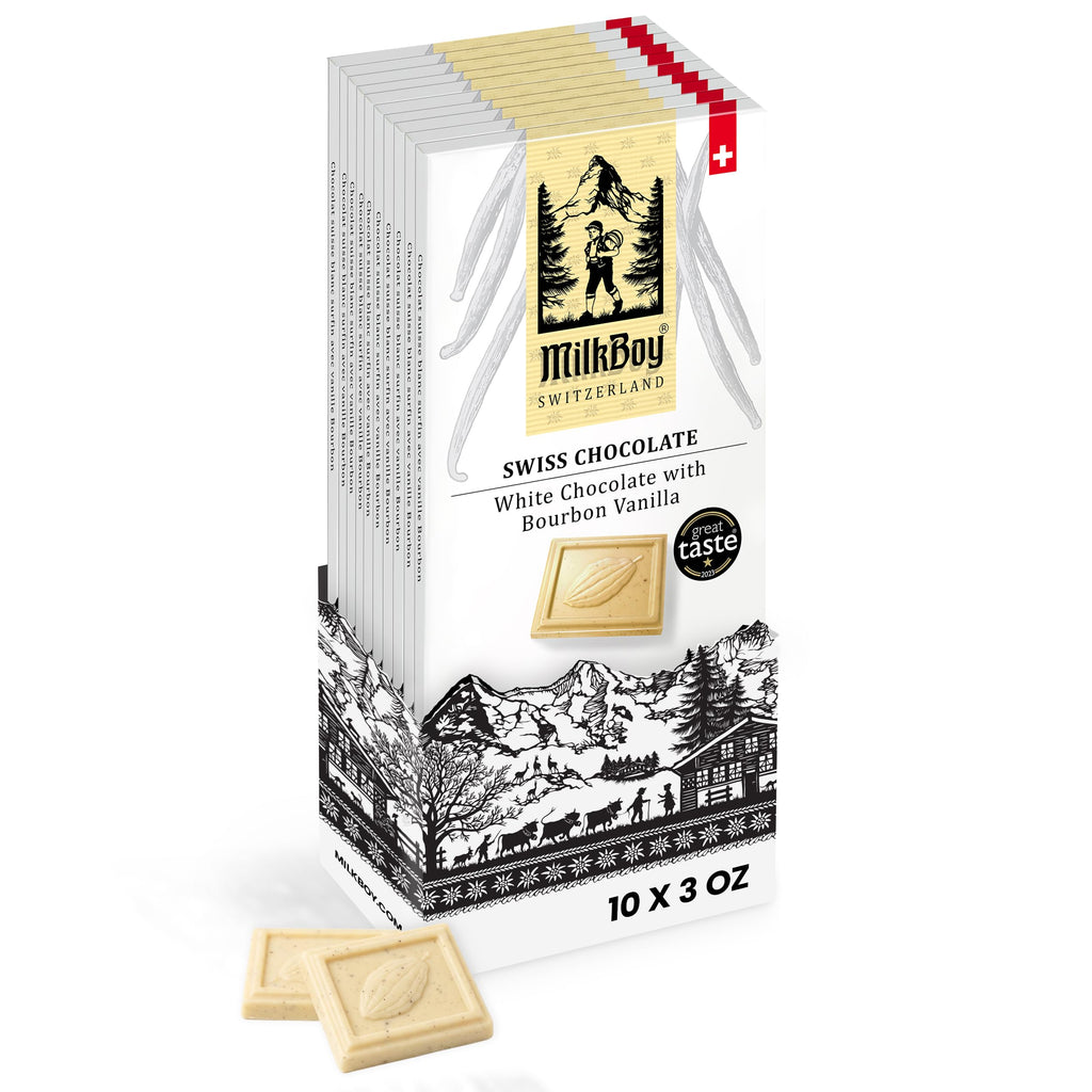 Milkboy Swiss White Chocolate Bourbon Vanilla Bar, Case of 10, 3 Ounce Bars