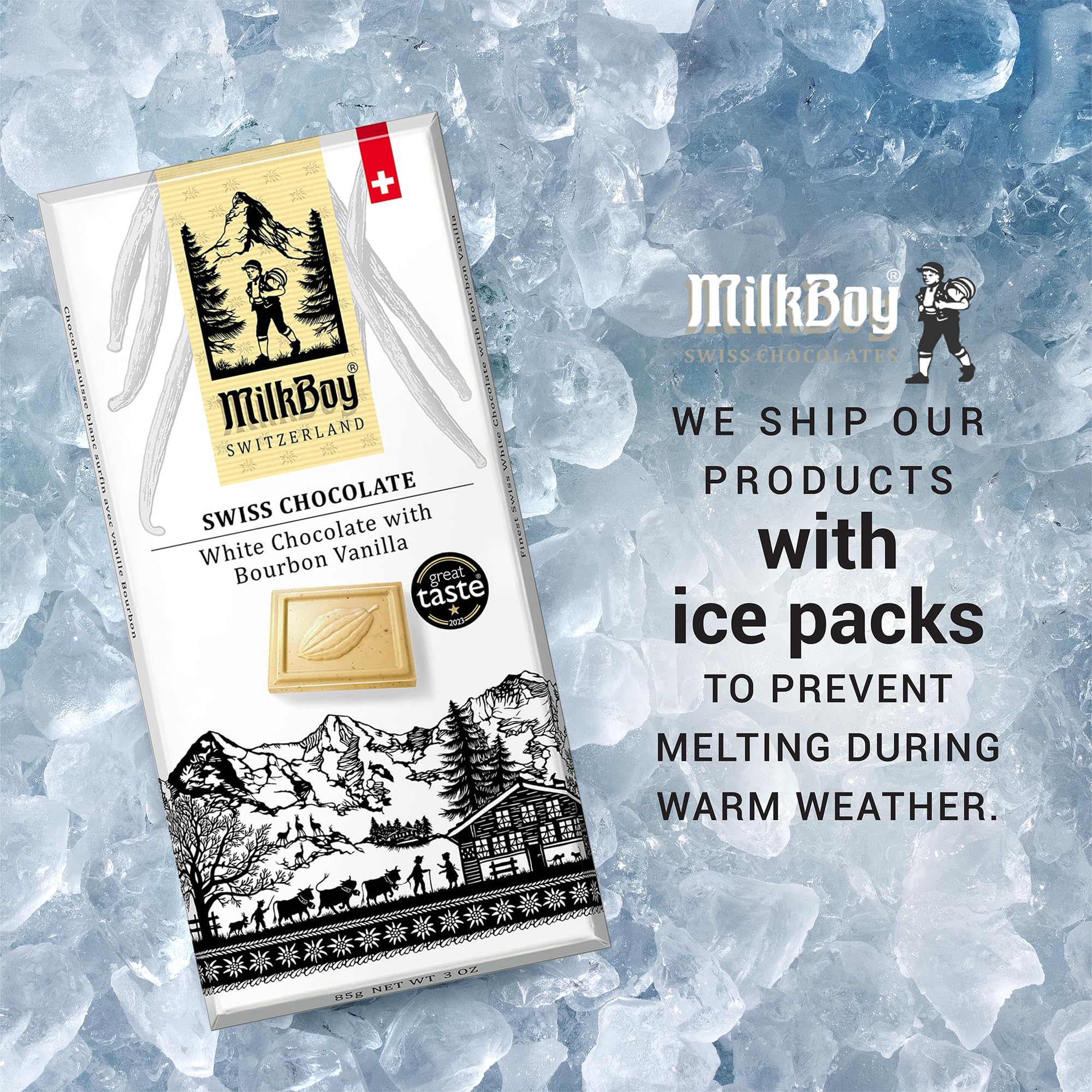 Milkboy Swiss White Chocolate Bourbon Vanilla Bar, Case of 10, 3 Ounce Bars