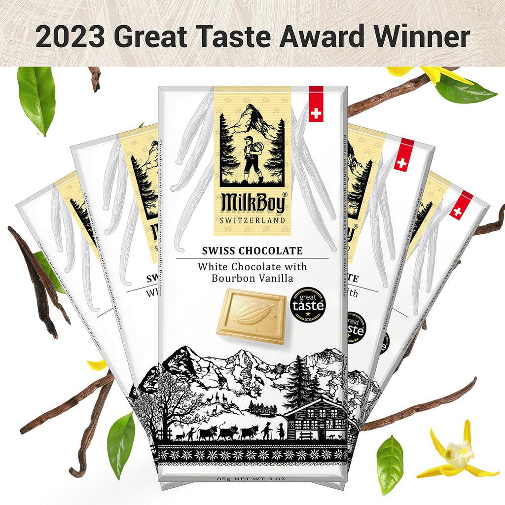 Milkboy Swiss White Chocolate Bourbon Vanilla Bar, Case of 10, 3 Ounce Bars