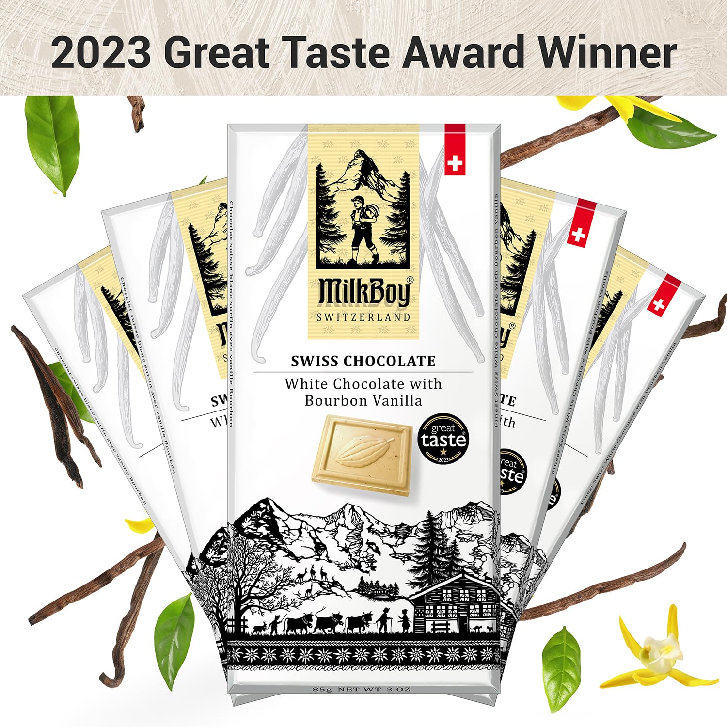 Milkboy Swiss White Chocolate Bourbon Vanilla Bar, Case of 10, 3 Ounce Bars