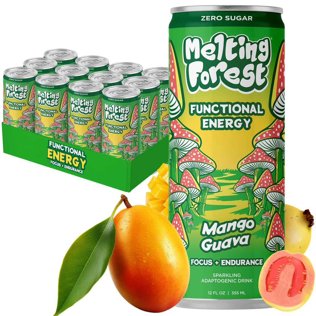 Melting Forest Mango Guava Sparkling Mushroom Energy Drink, Case of 12, 12 Fluid Ounce Cans